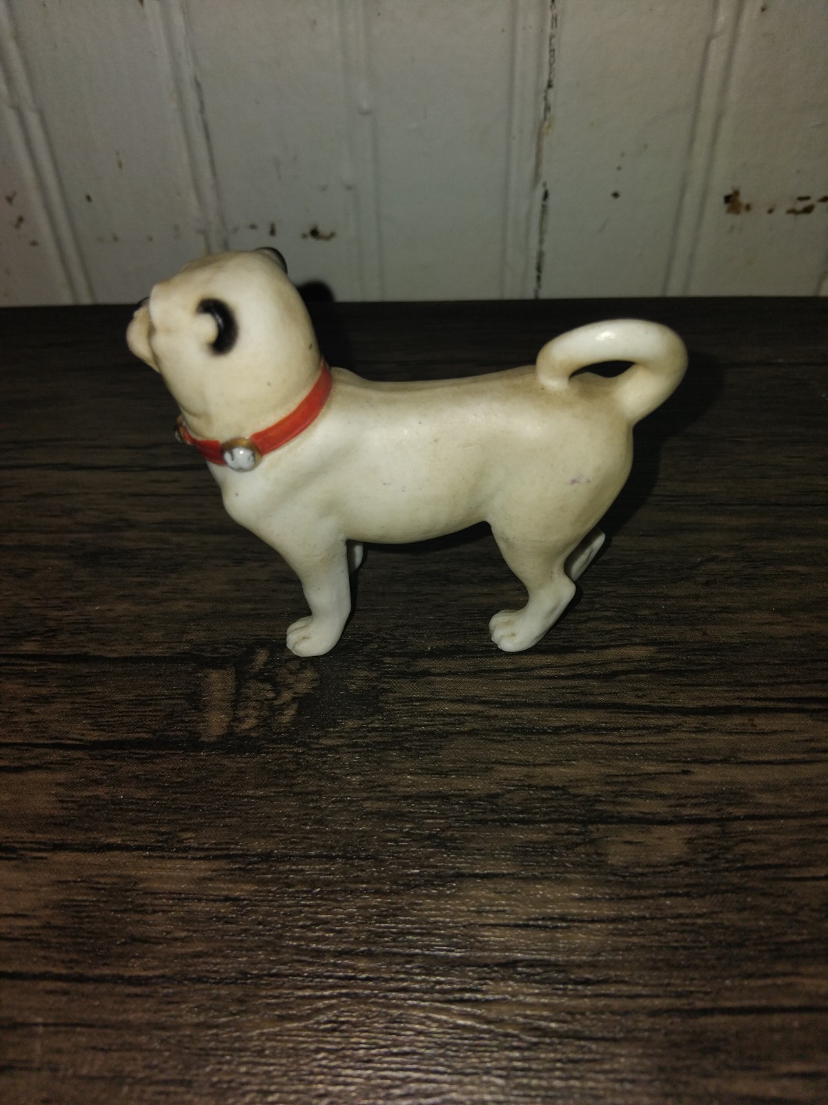Antique Victorian Bisque Pug With Red & Gold Collar 2.75 In