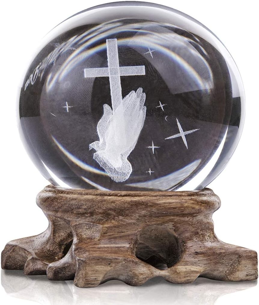 Ornalrist 3D Crystal Ball Engraved Praying in Hand with a Cross Religious Gifts