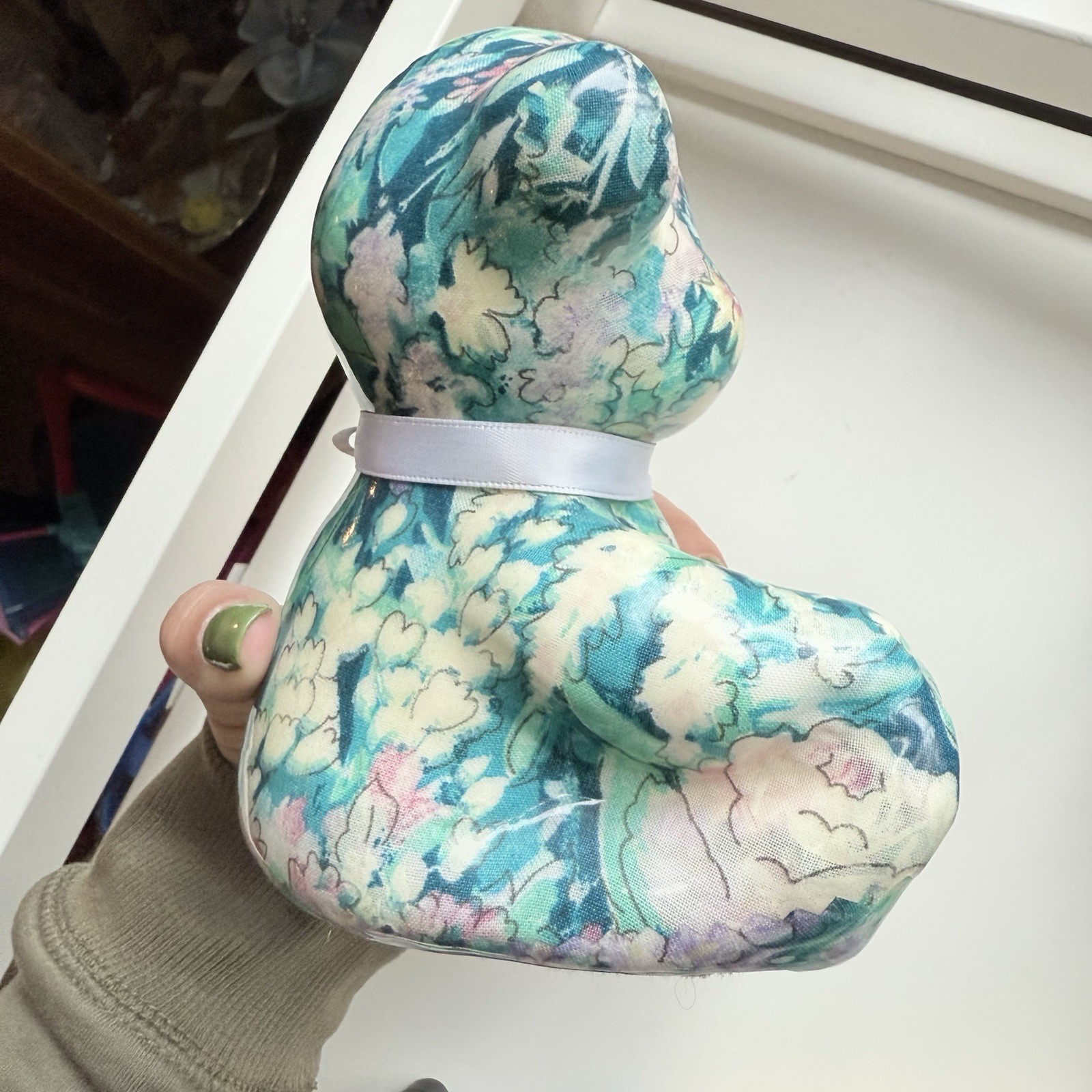 Joan Baker Designs Porcelain Patchworks Green Floral Teddy Bear Sculpture
