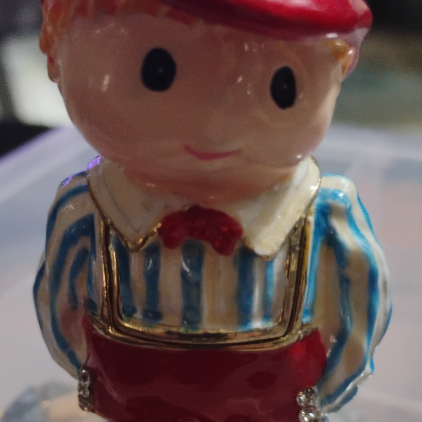 24k Hand Painted Boy Figurine. Diamond Lined Pockets Glossy. Very Special