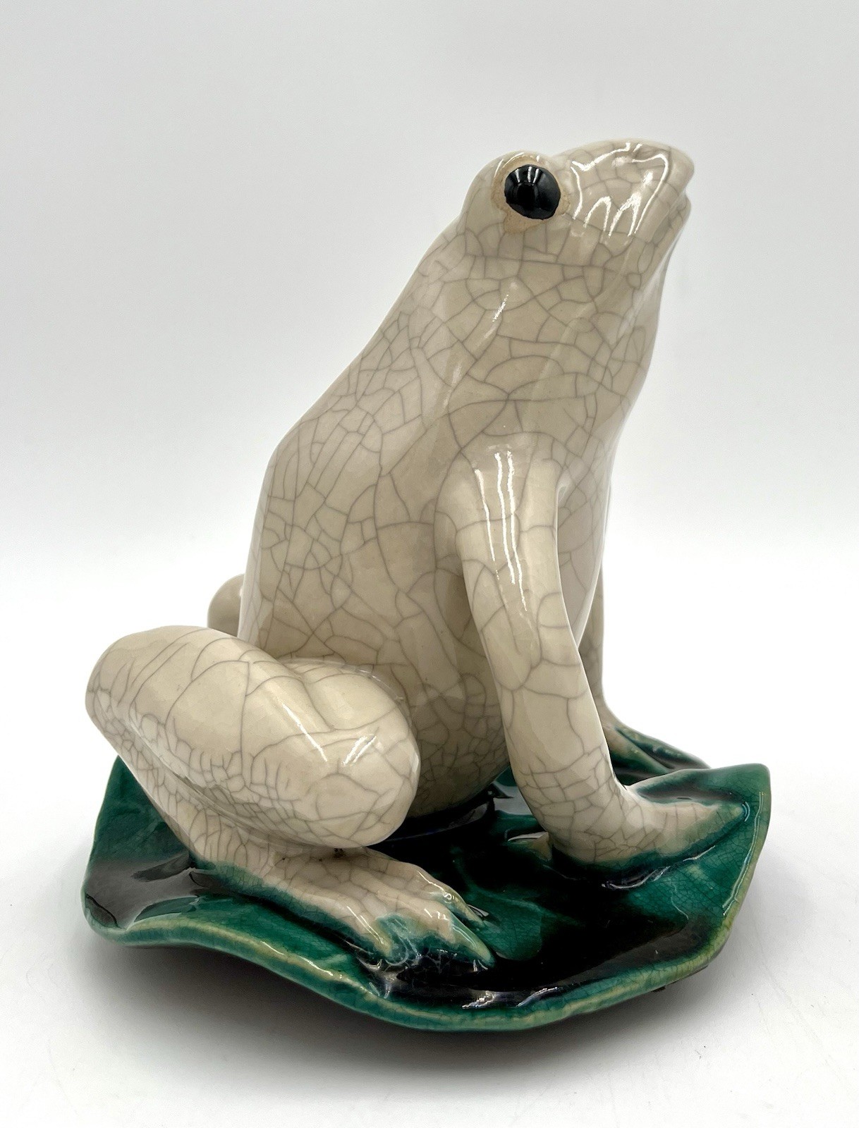 Vintage White Crackle Glaze Pottery Frog Figurine on Green Lily Pad