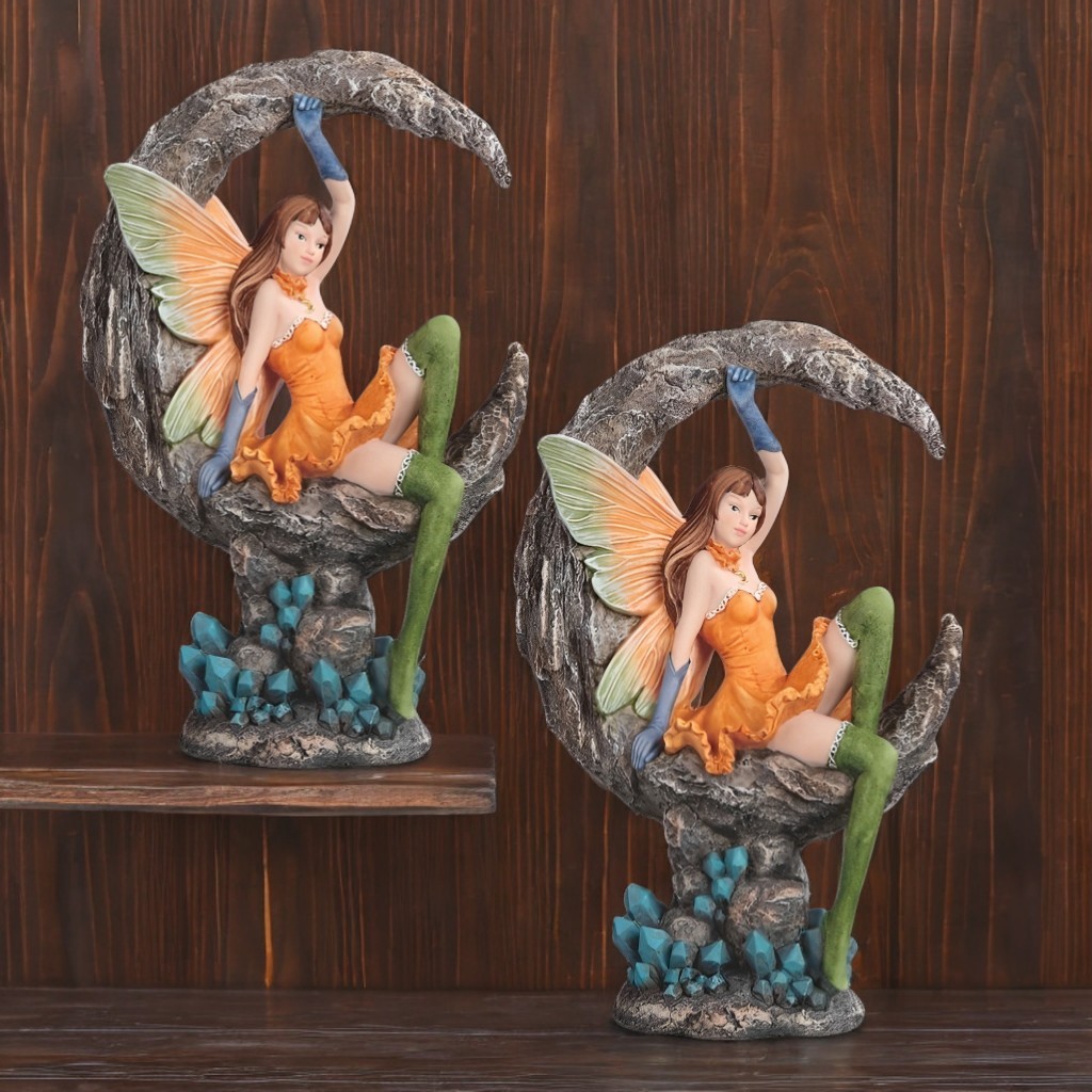 2-PC Gift Set 10.75″H Orange Fairy n Moon Figurine Ornament Home Decor Gift