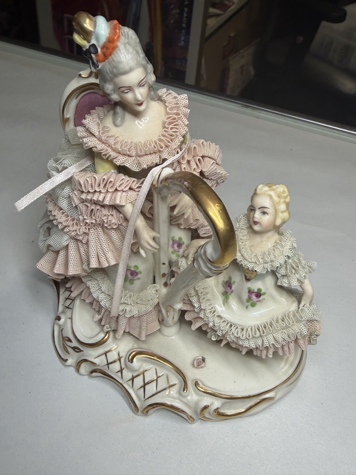 Antique Dresden Bavaria Germany Lace Porcelain Woman And Girl Playing Harp