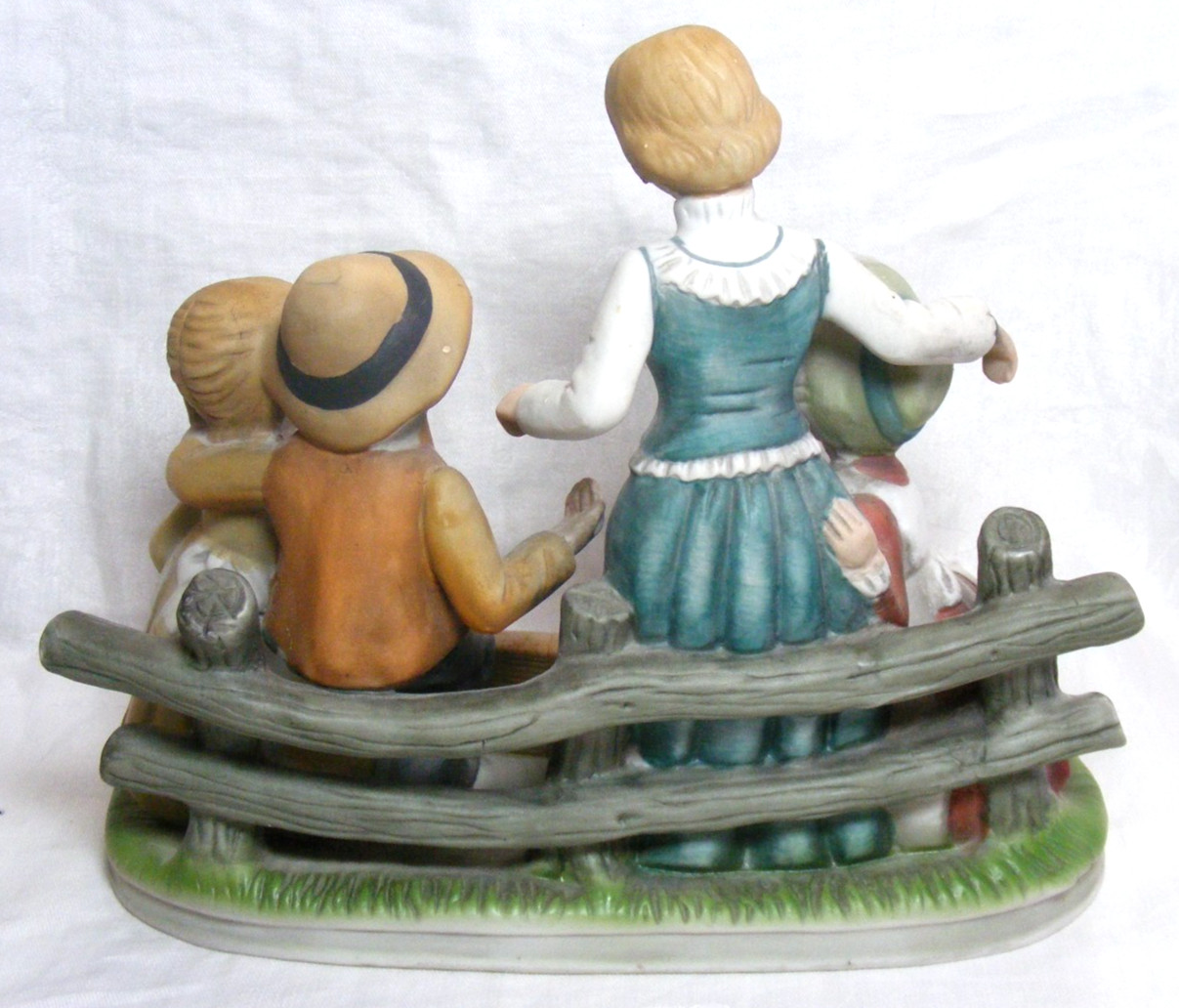 Vintage Decorative Figurine Family Picnic On A Bench Hand Painted Porcelain