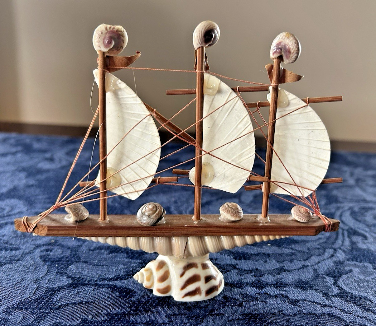 Vintage Seashell 3-Sail Ship Souvenir Figurine 4.75″x6″ Nautical Beach Sailing