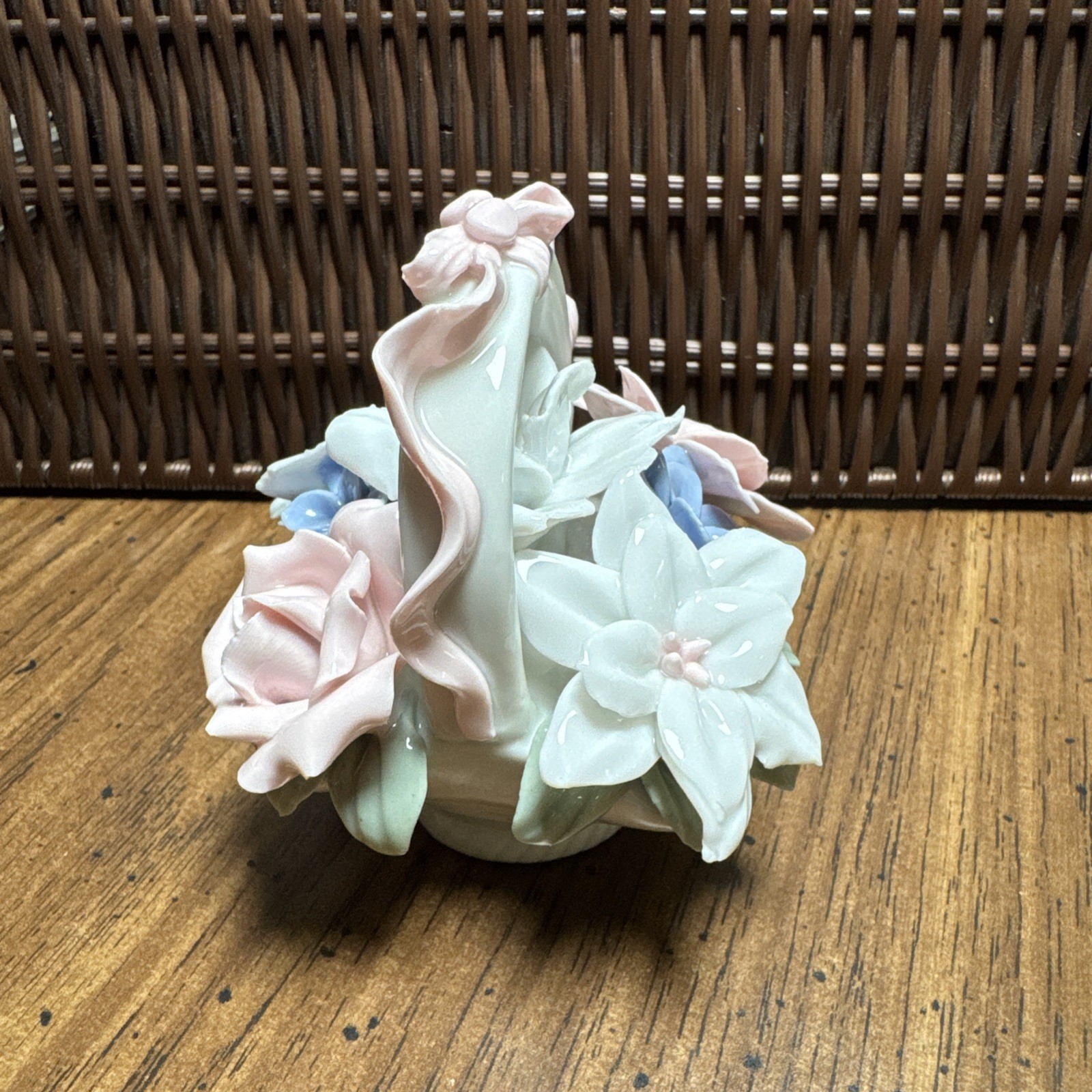 PORCELAIN BASKET OF FLOWERS glossy finish 3″ x 3.5″ In perfect shape!