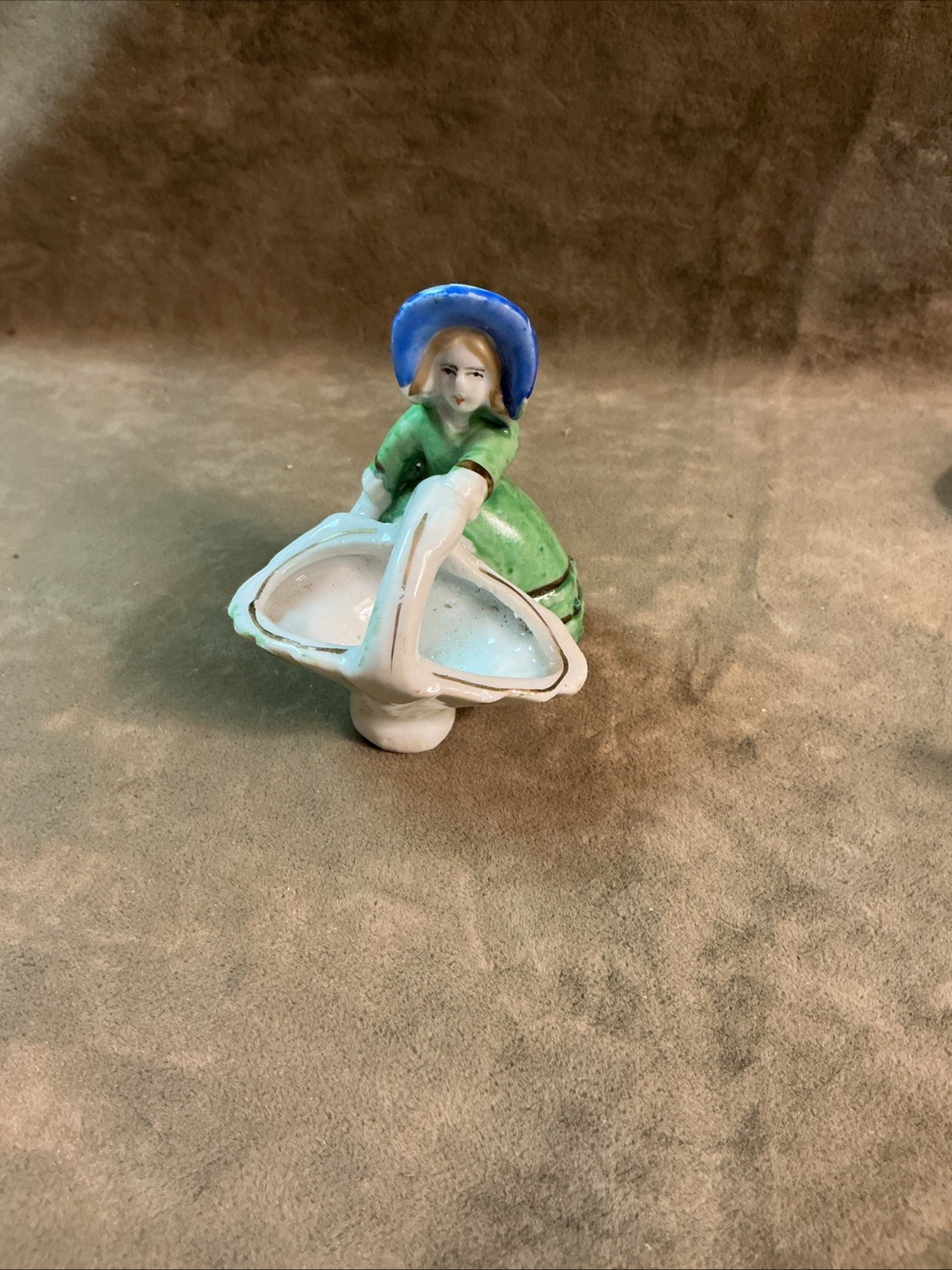 1930s made in Japan and painted porcelain girl flower basket mini Vase Green