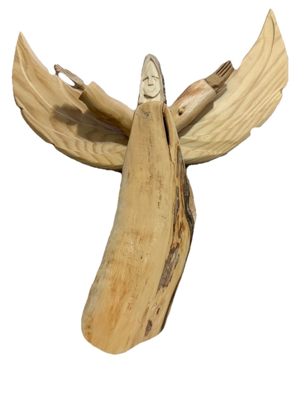 Hand Carved Folk Art Wood Angel Sculpture Signed By Artist 9×10” Driftwood