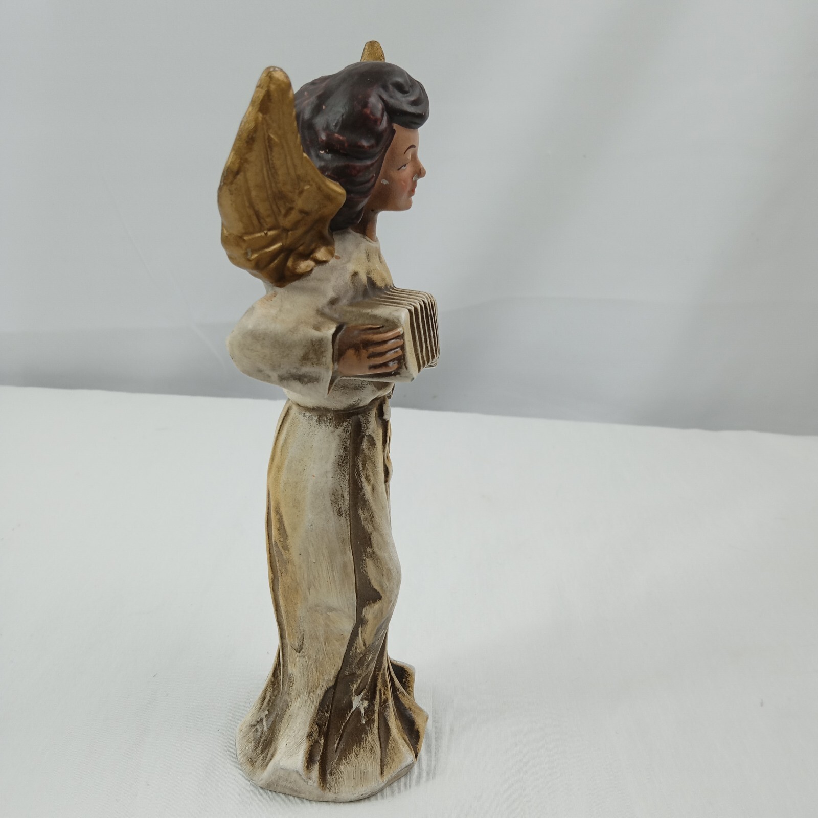 Vintage Angel Figurine Playing Accordion Gold White Distressed 7.5” Japan