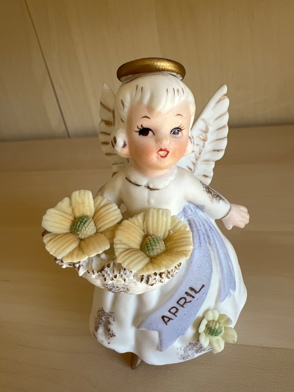 Vintage 50s Lefton Porcelain APRIL ANGEL with YELLOW FLOWER 4 “h Figurine CUTE
