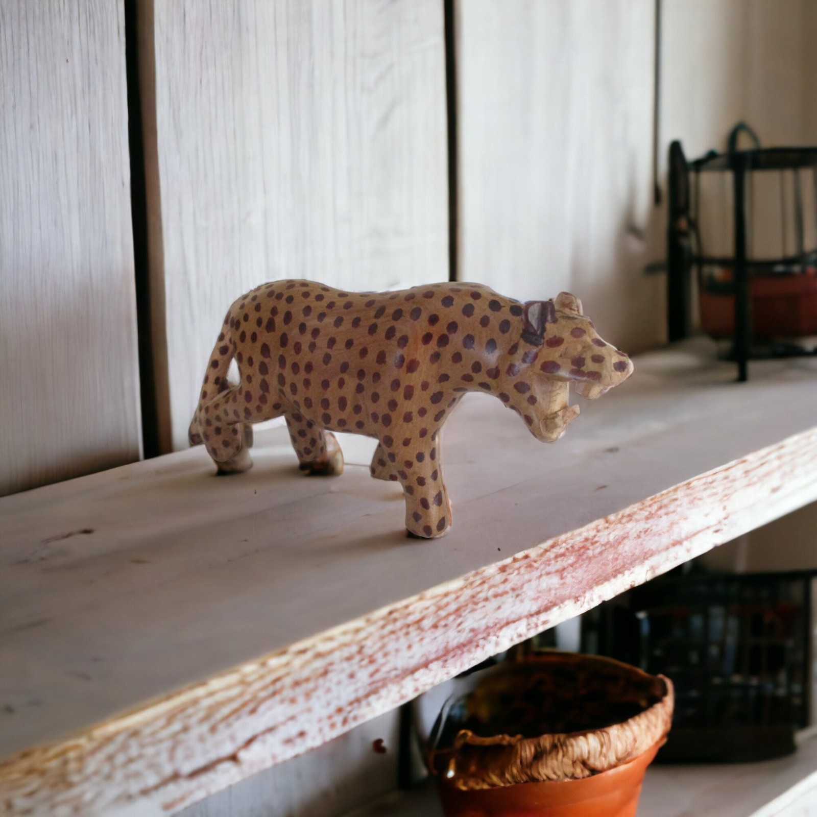 Hand Carved Wooden Leopard Cheetah Figurine African Safari Vintage