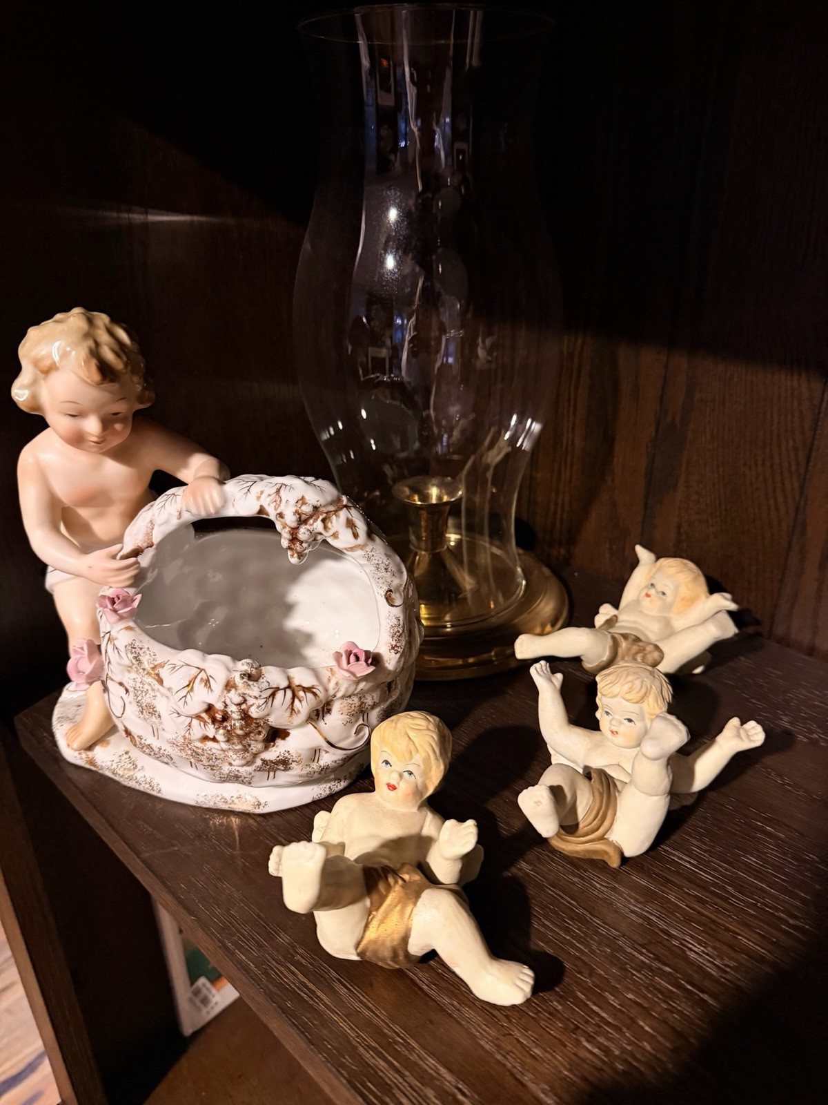Hand Painted Ceramic Cherub Angel planter with Tumbling Piano Baby figurines