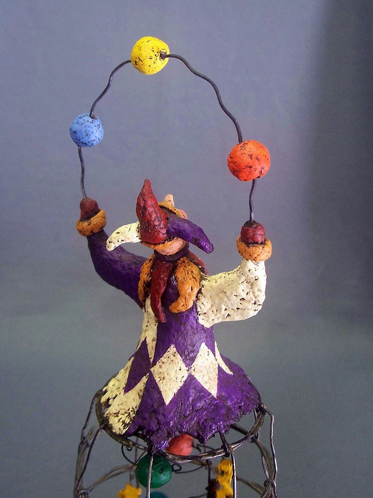 Paper Mache Jester Harlequin Cage Doll, Handmade Papier-Mache Art