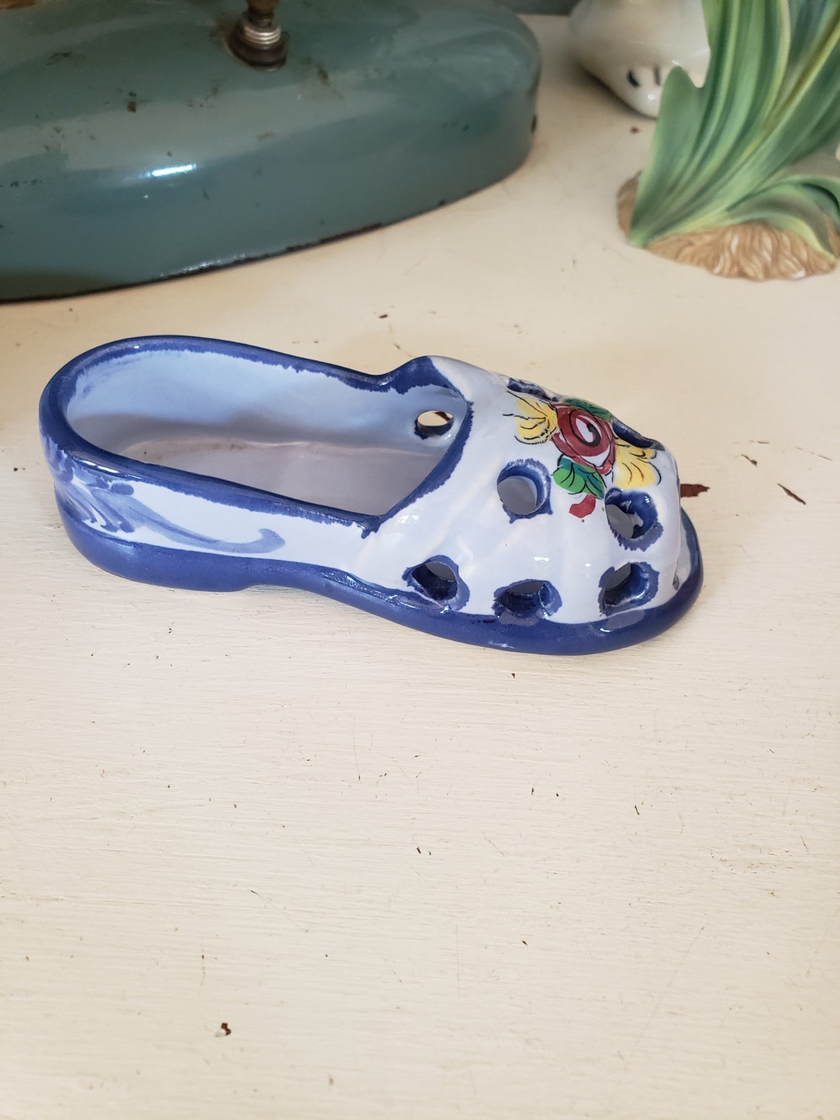Vintage Handpainted Mini Porcelain Shoe/sandal, Blue Floral. Made In Portugal