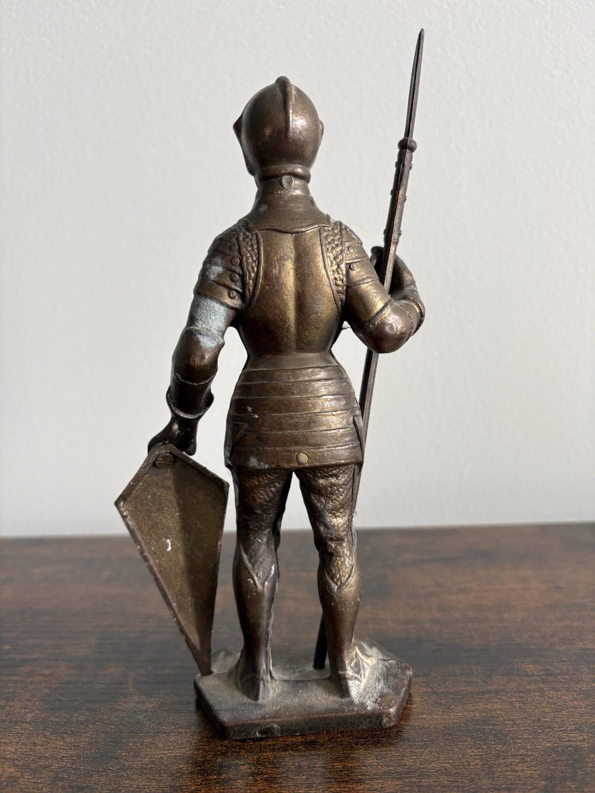 Antique Bronze Medieval Knight Figurine with Spear and Shield