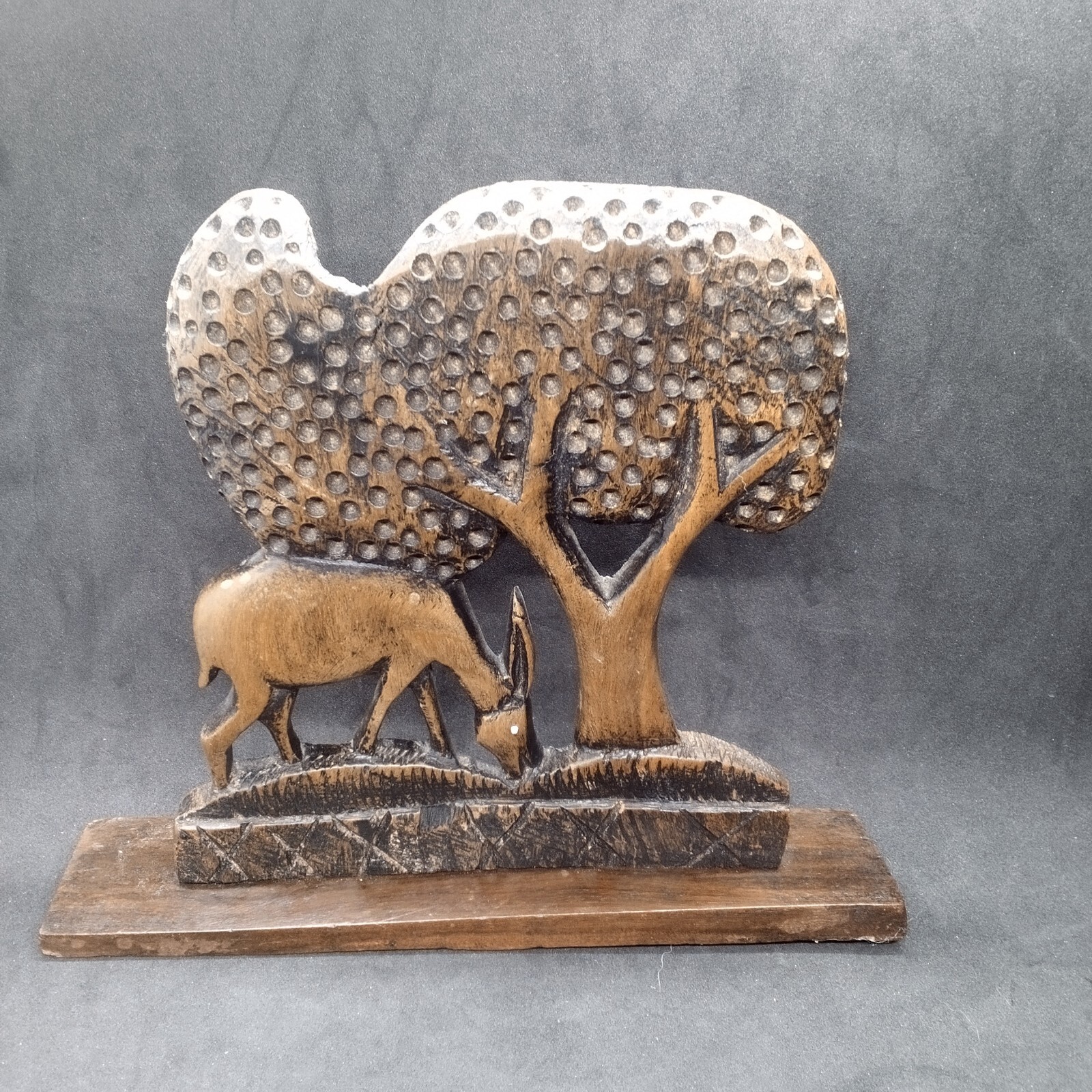 Wooden Carved Deer Antelope Gazelle under Tree Dark Wood Shelf Figurine