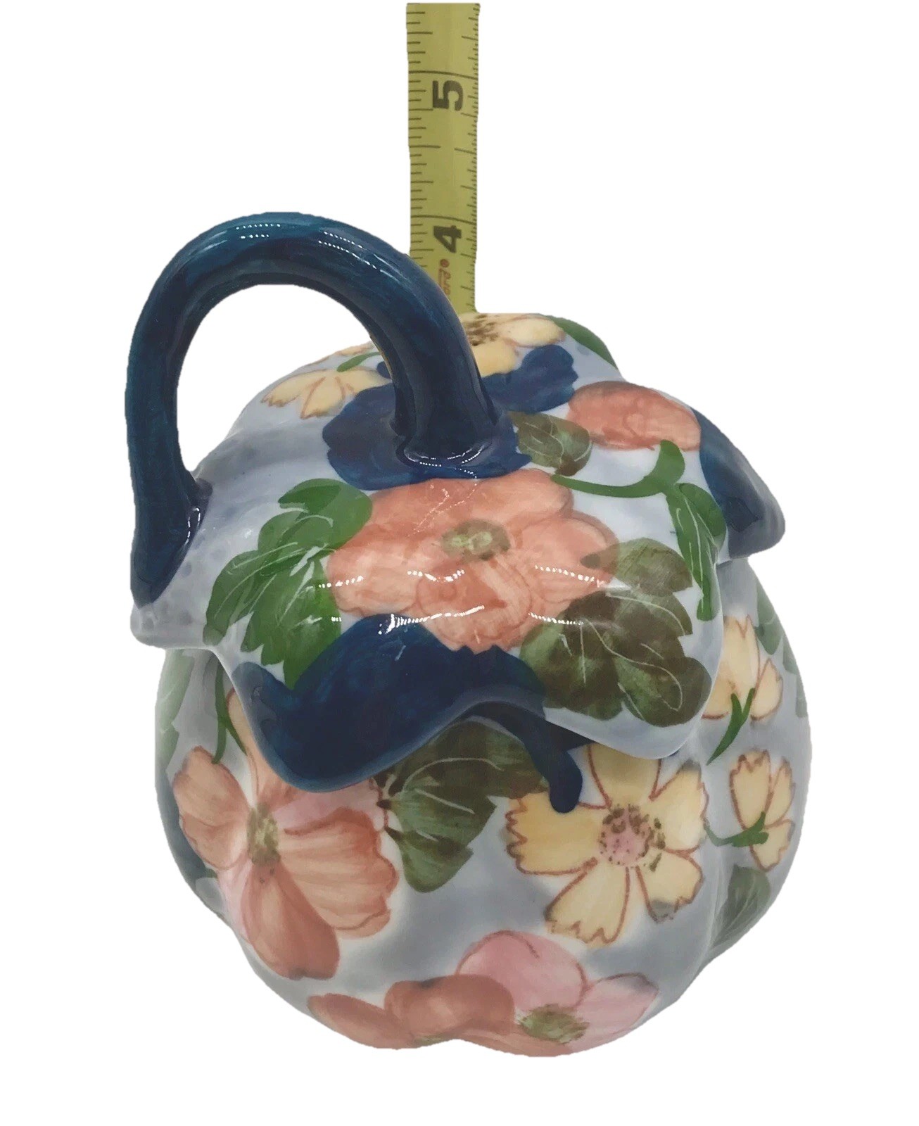 Vtg Ceramic Jam Condiment Trinket Jar w/Handled Lid Floral Design Gourd Shaped