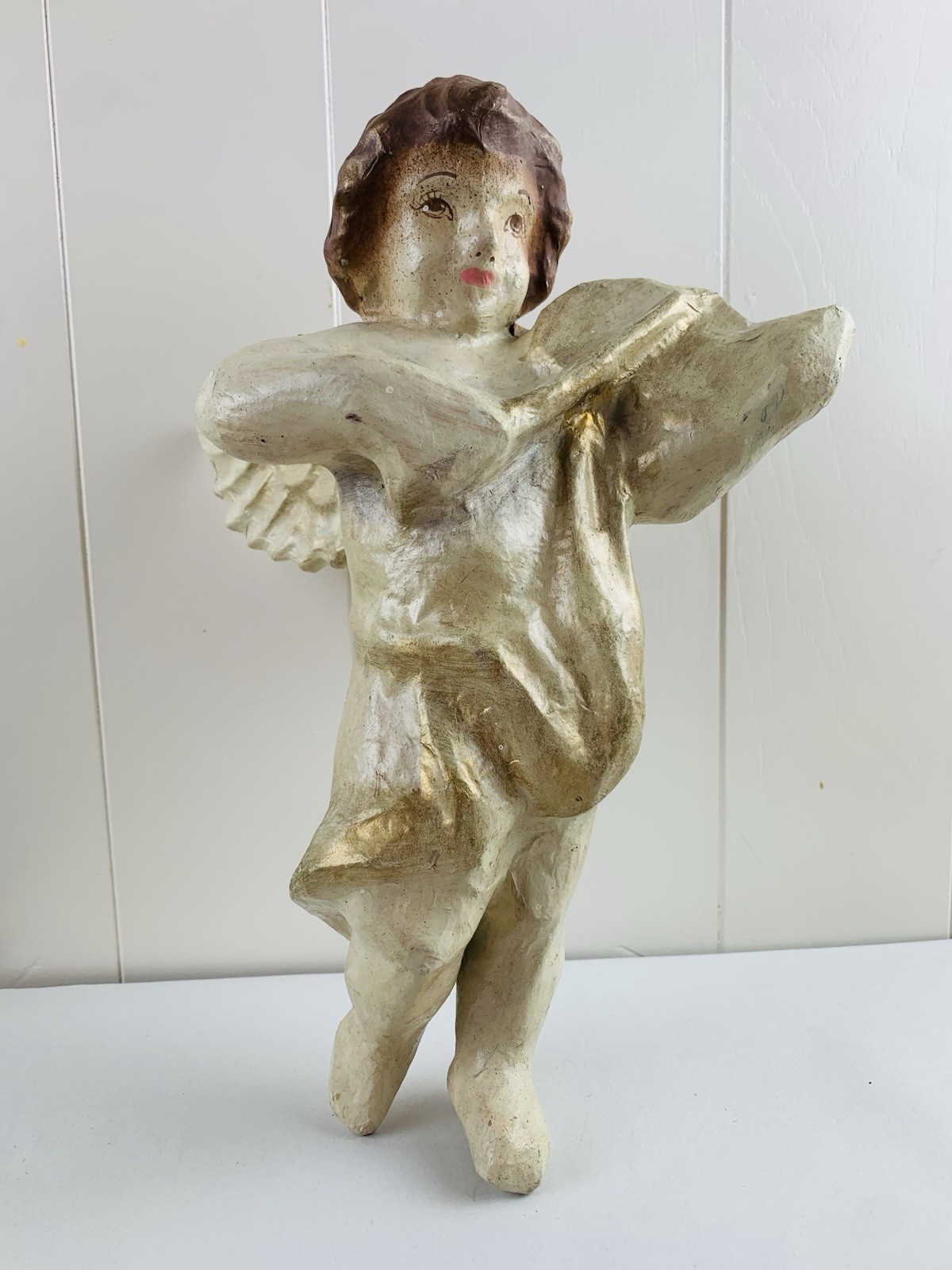 12” Paper Mache Religious Decoration Flying Cherub Angel Playing Violin Vtg READ