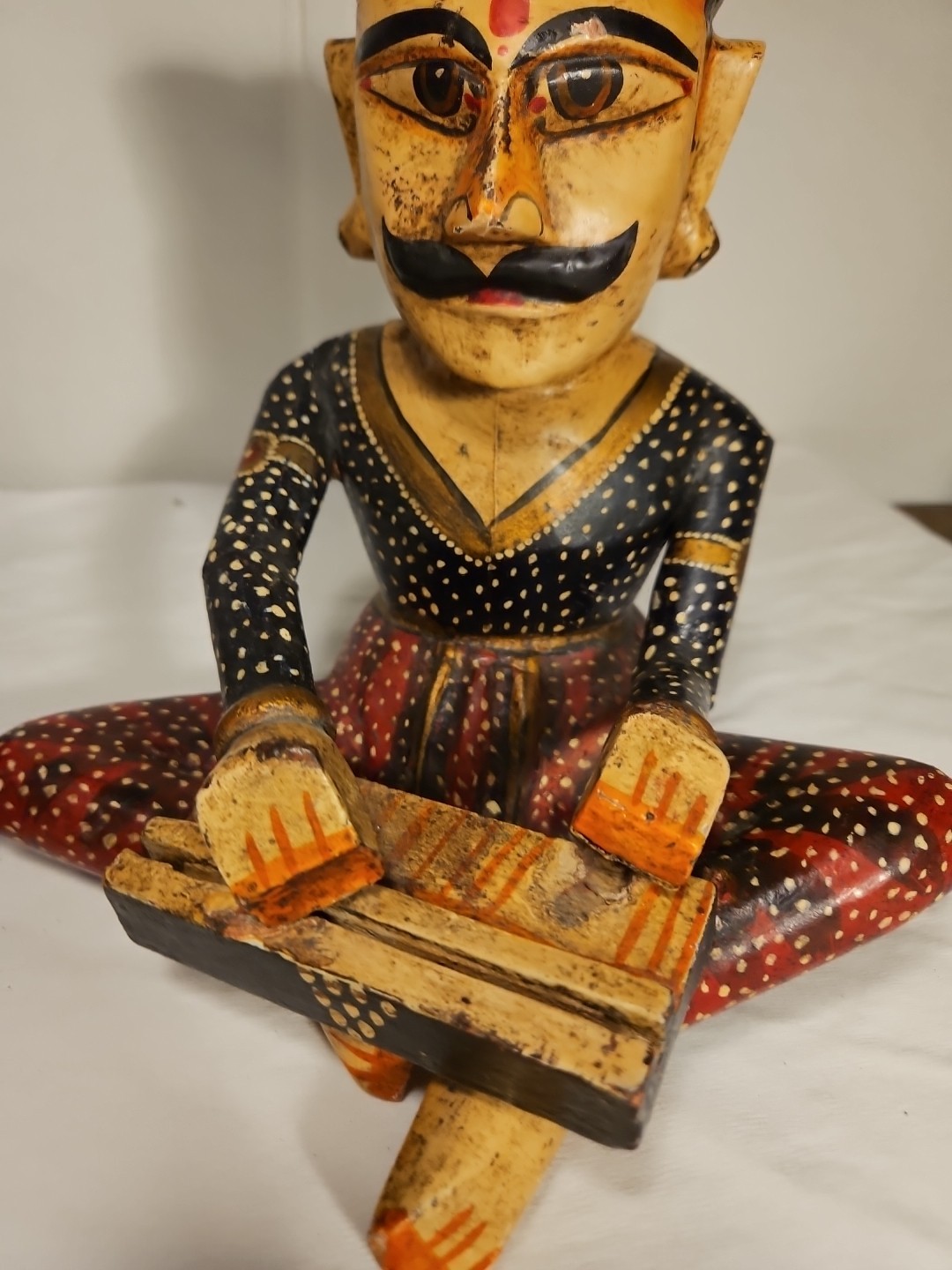 Pair of Vtg. Rajasthani Art Hand Carved Wooden Sitting Indian Musician Figurines