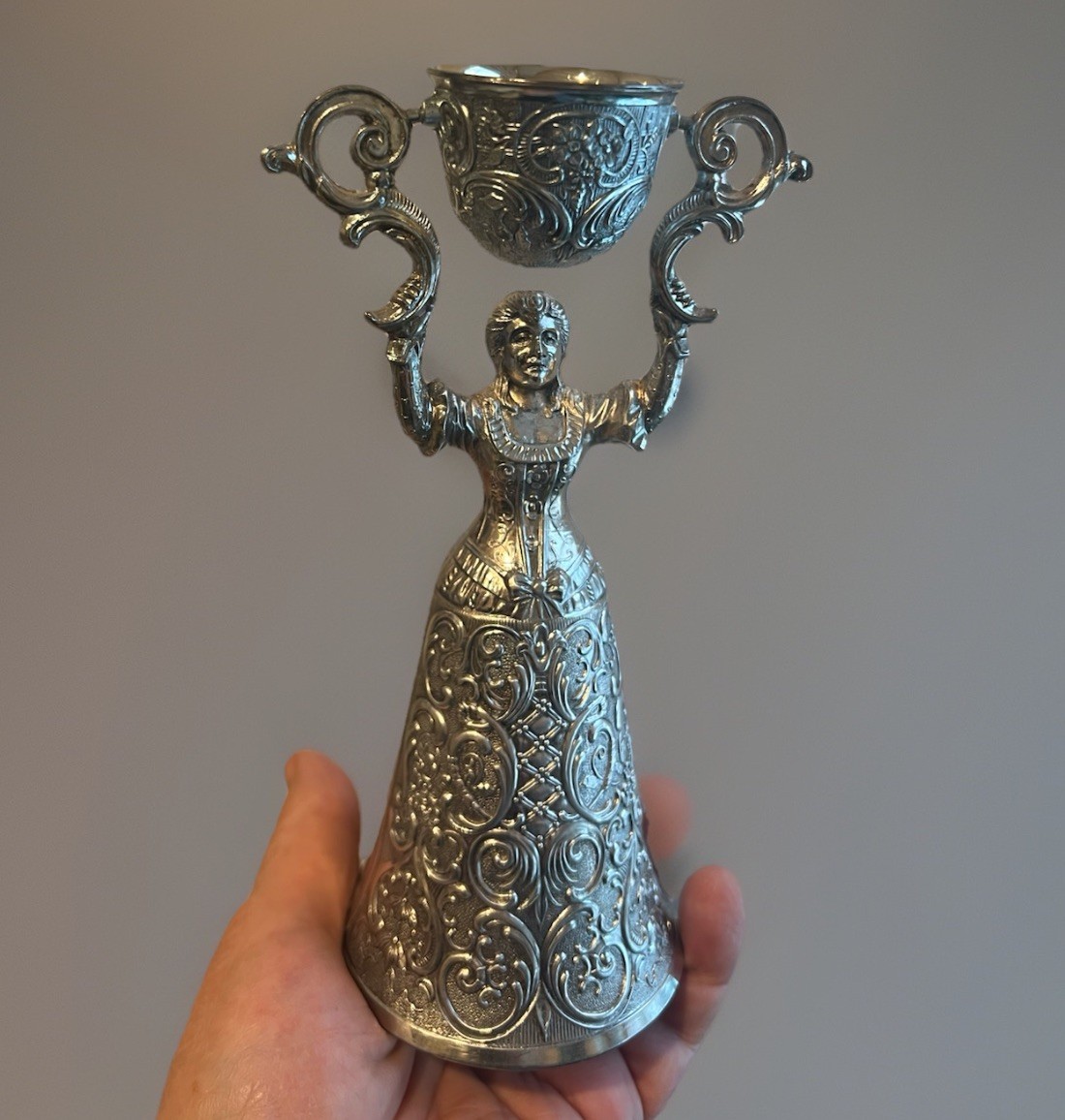 VTG Silverplate Bridal Lady Wedding Cup Goblet Swinging Chalice Pink Stone 7” H