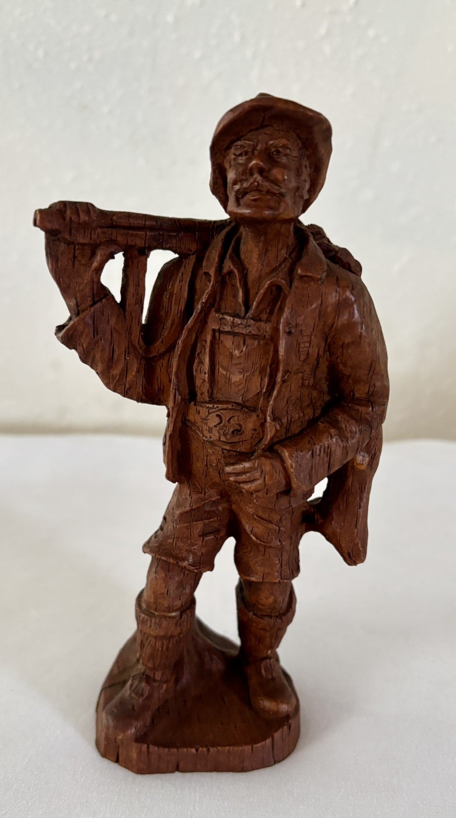 Vintage 7” Black Forest Wood Hand Carved Hunter With Shotgun And Deer