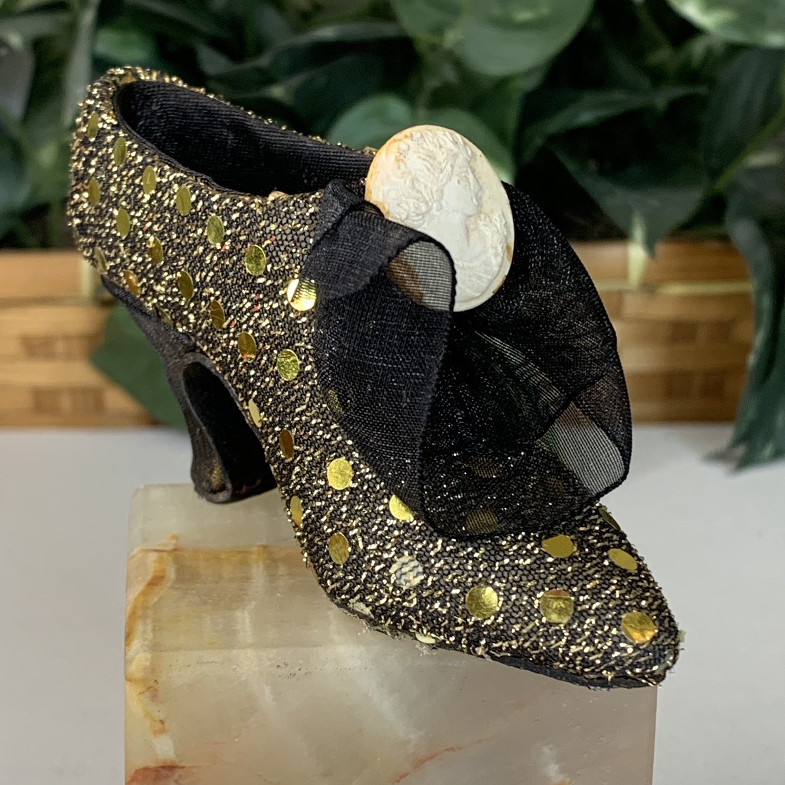 Miniature Victorian Shoe High Heel Slipper Sequins Cameo Bow Glam Decoration 4.2