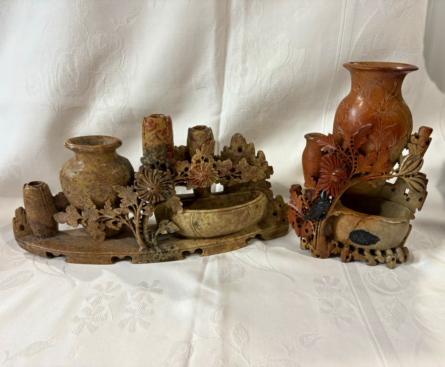 2pc Carved Stone Floral Figurines Set, Brown/Beige, Flowers Nature Theme