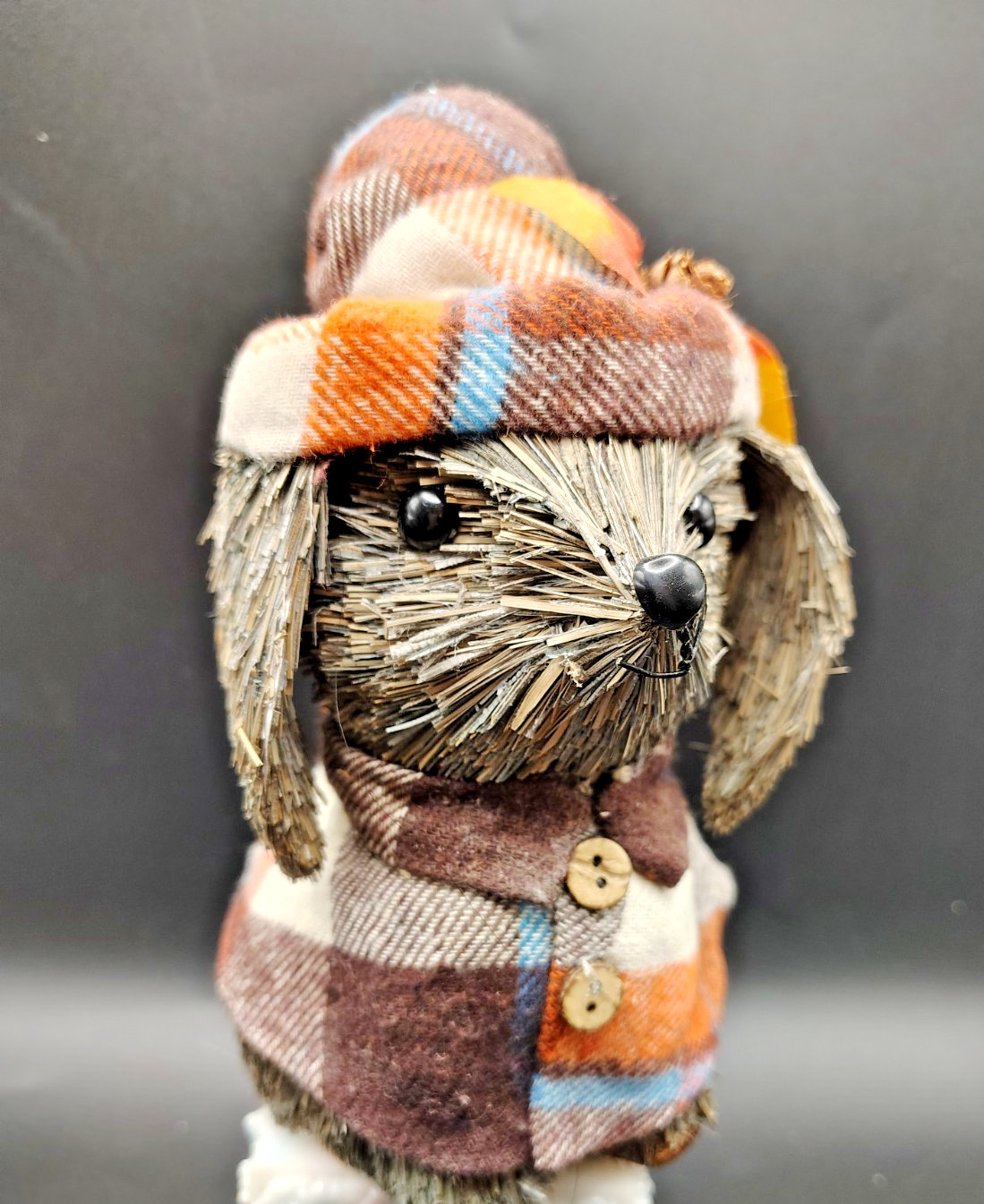 Small Decorative Dog Figurine Straw Raffia in Plaid Hat & Jacket with Pinecones