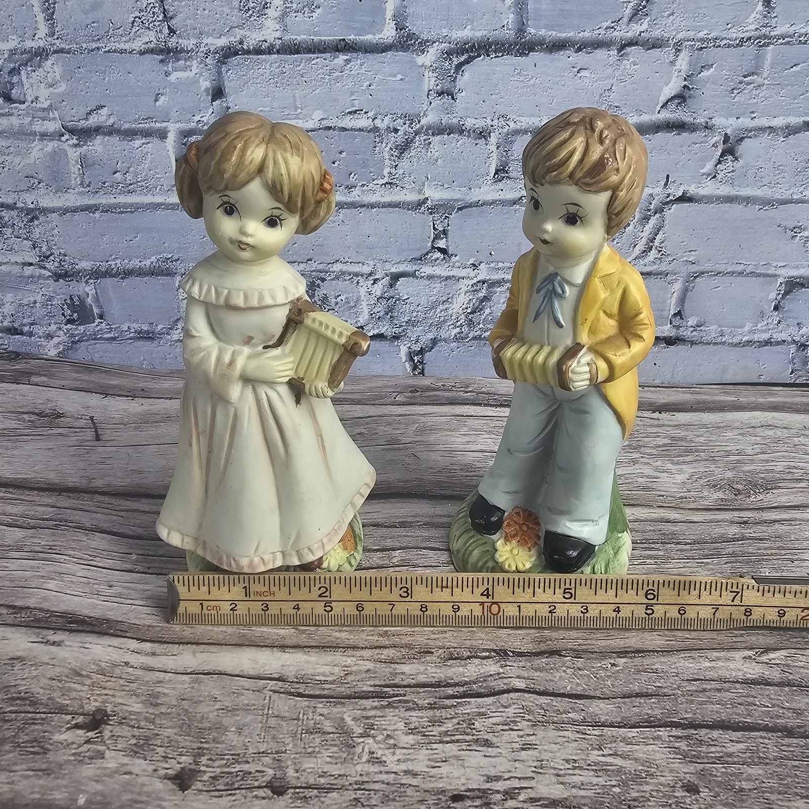 Vintage Porcelain Figurines Pair Boy w/ Accordion & Girl w/ Harp Lyre