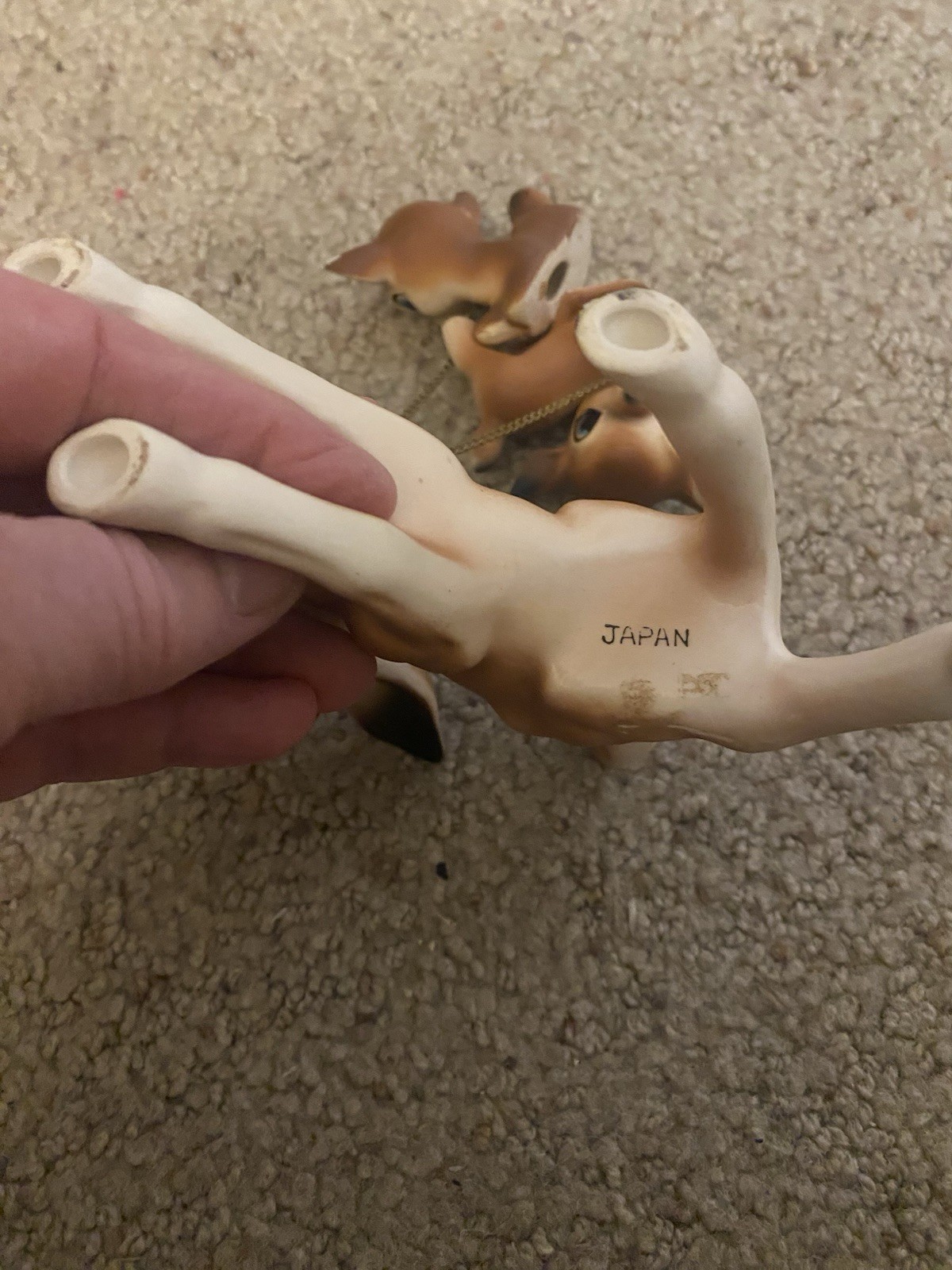 Vintage Big Eyed Ceramic Mother Doe Deer & Baby Fawns Chained Figures