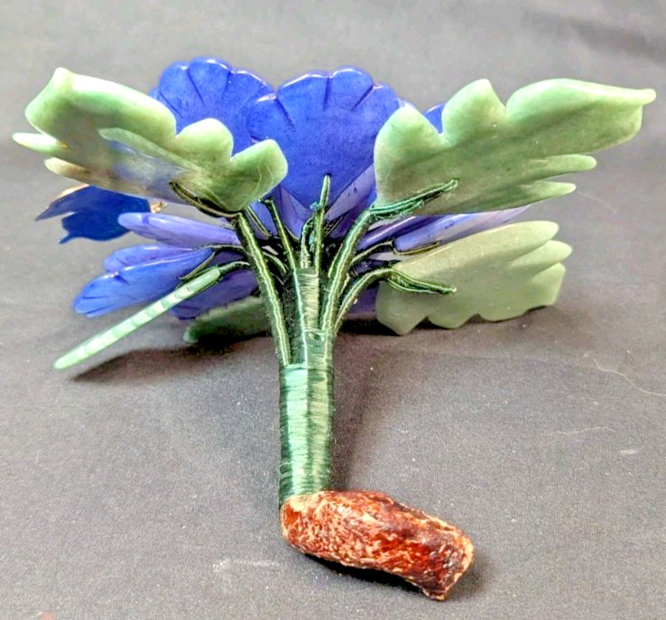 Vintage Hand Carved Green Blue Jade Flower Bouquet Cloisonne Butterfly Sculpture