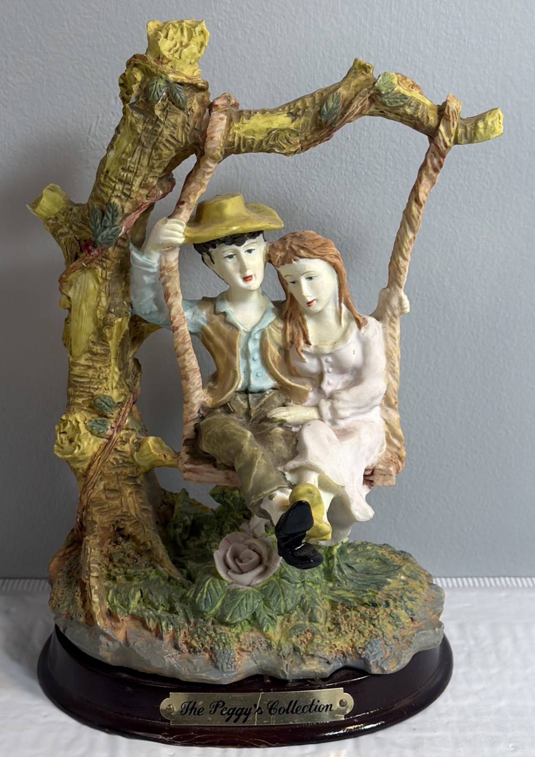 Peggys Collection Porcelain Statue Boy & Girl Romantic Couple On Tree Swing Vtg