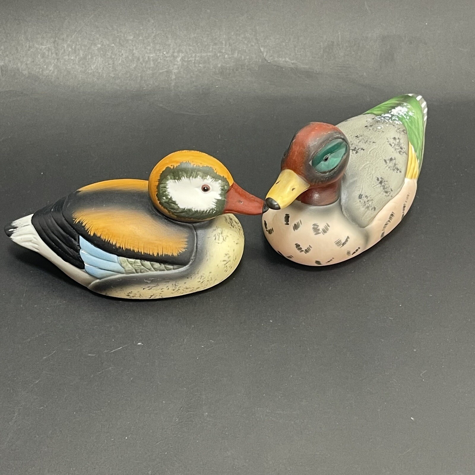 Pair Vintage Enesco Porcelain Decoy Ducks Mallard 1984 1985 Set Of 2