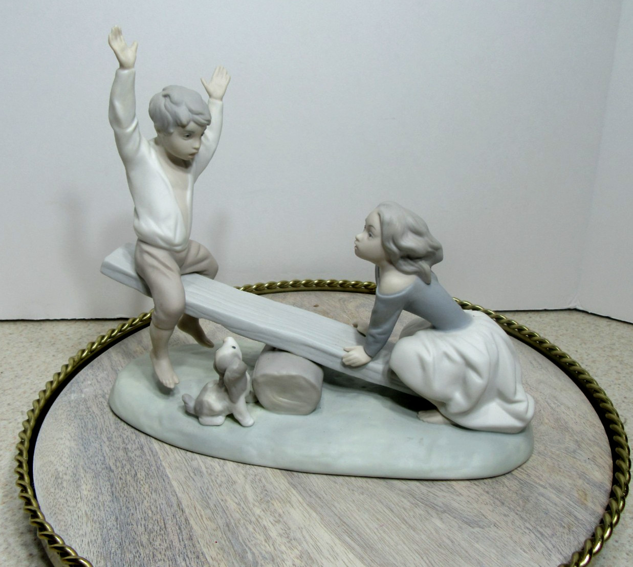 Lladro Porcelain Figurine See Saw Girl, Boy & Dog #4867, Spain Satin Matte Finsh