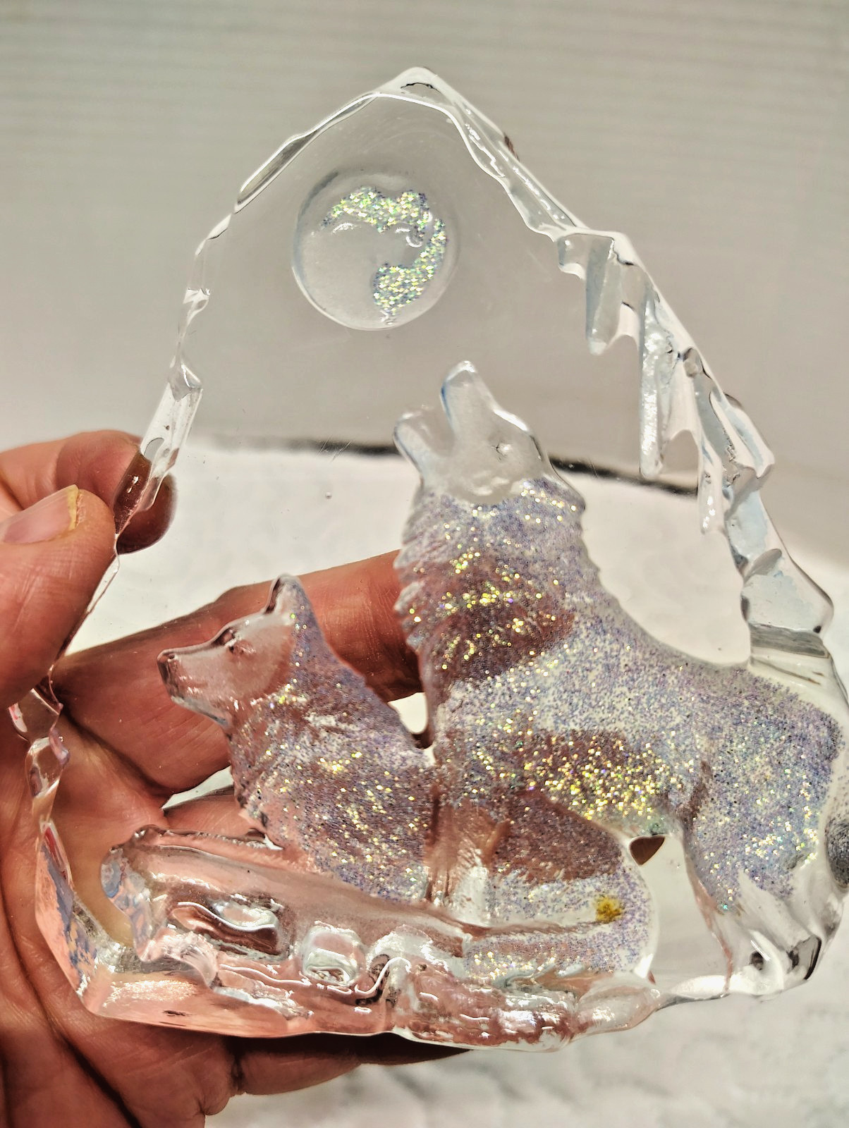 Howling Wolves Clear Glass Figurine Sculpture Cabin Lodge Decor Glitter