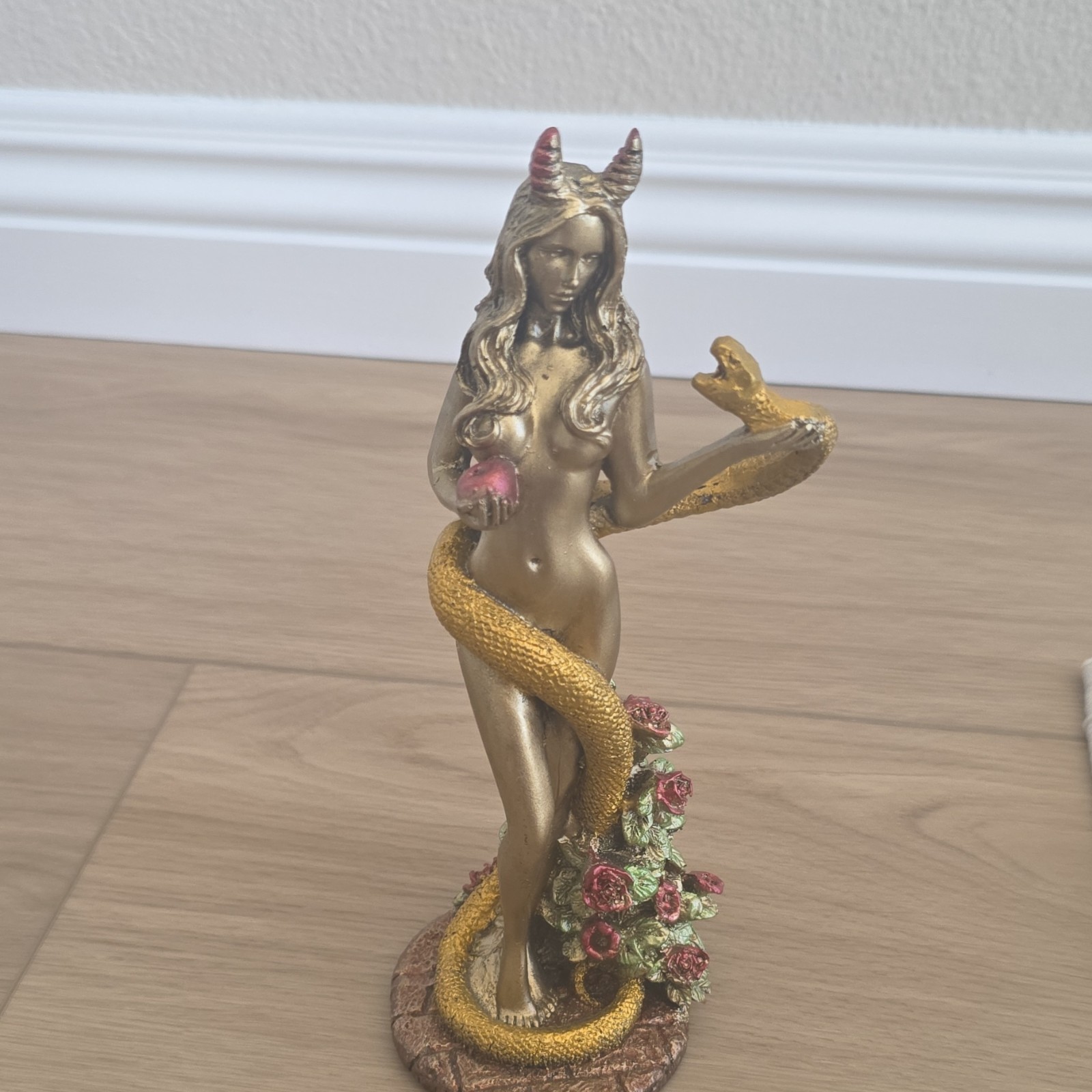 Fantasy Hand Painted Resin Figurine Woman with Snake and Horns Gold Red Green