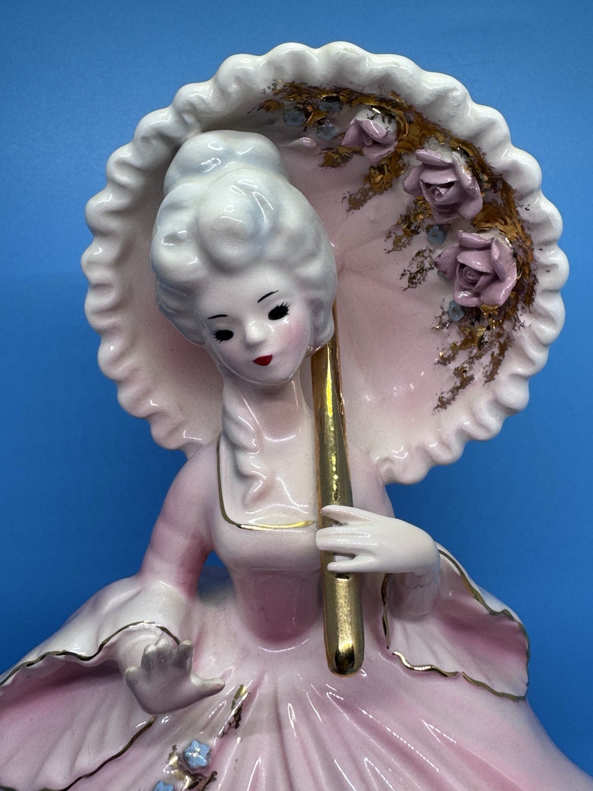 Josef Originals Colonial Days Series “Caroline” Figurine Pink Parasol Gold Roses