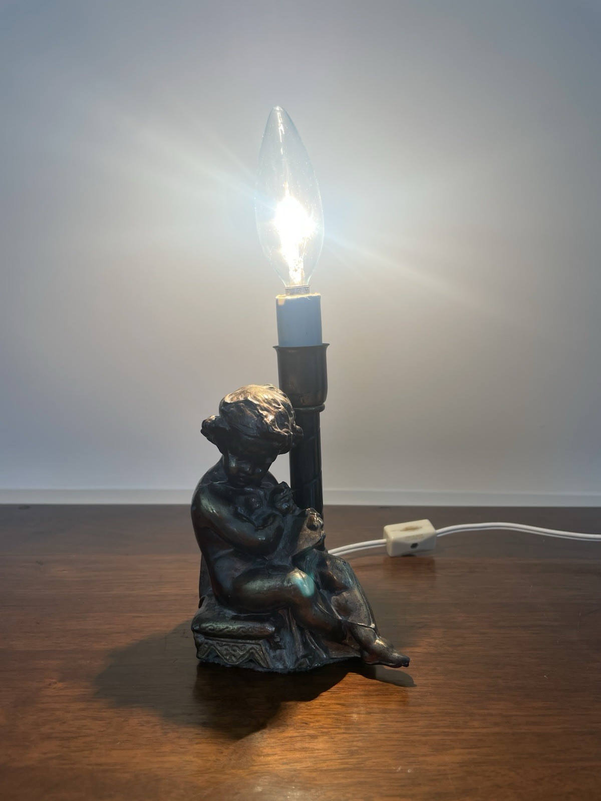 Vintage Cherub Figural Table Lamp | Spelter Putto Statue | Antique Bronze Finish
