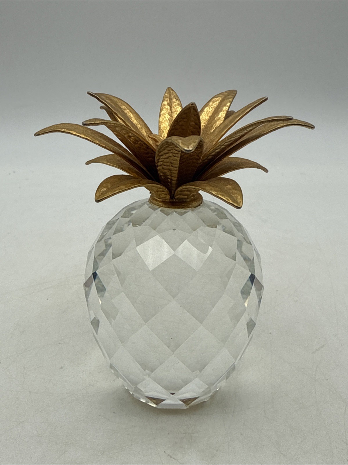 Swarovski Crystal Sparkling Fruit Pineapple Gold Hammered Leaves, Stands 4.2″
