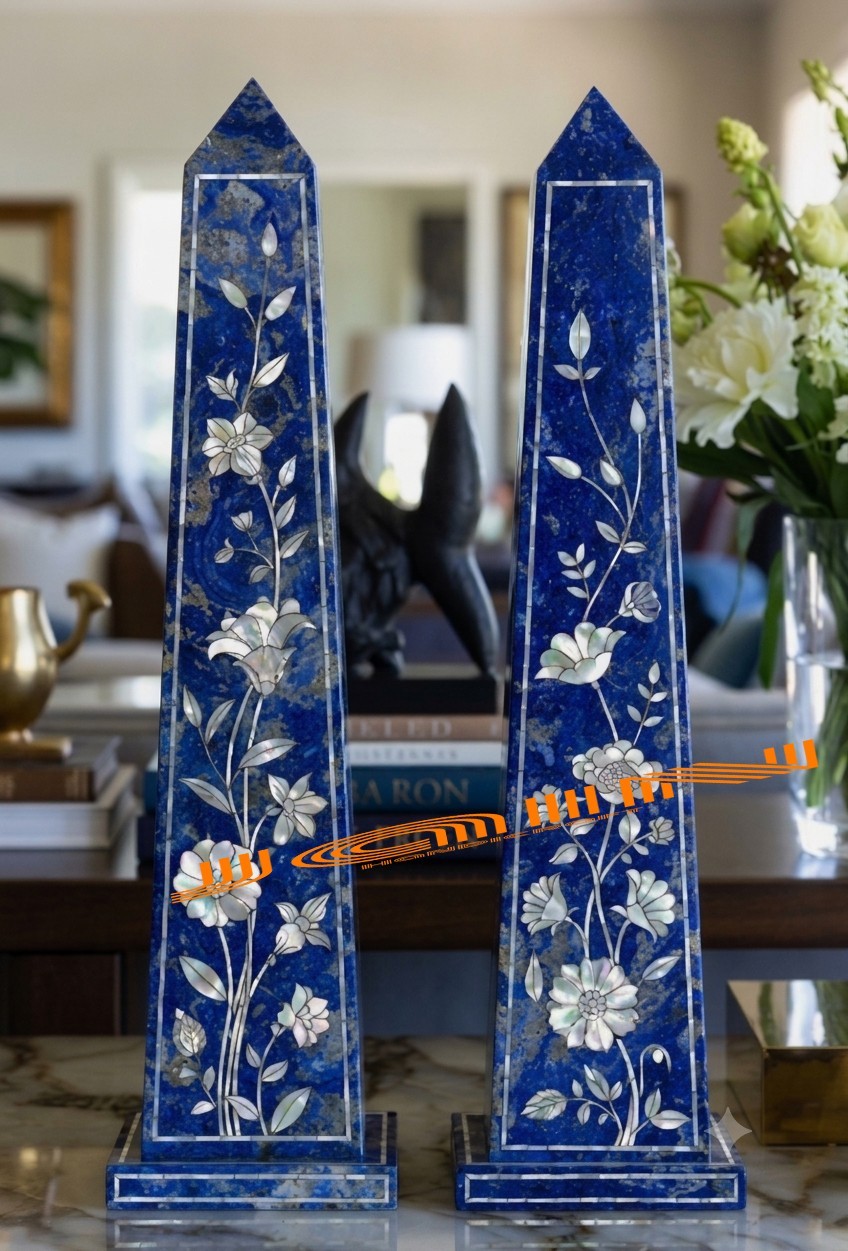 18″ two pcs Marble Obelisk inlay mop lapis room home bed room decor arts