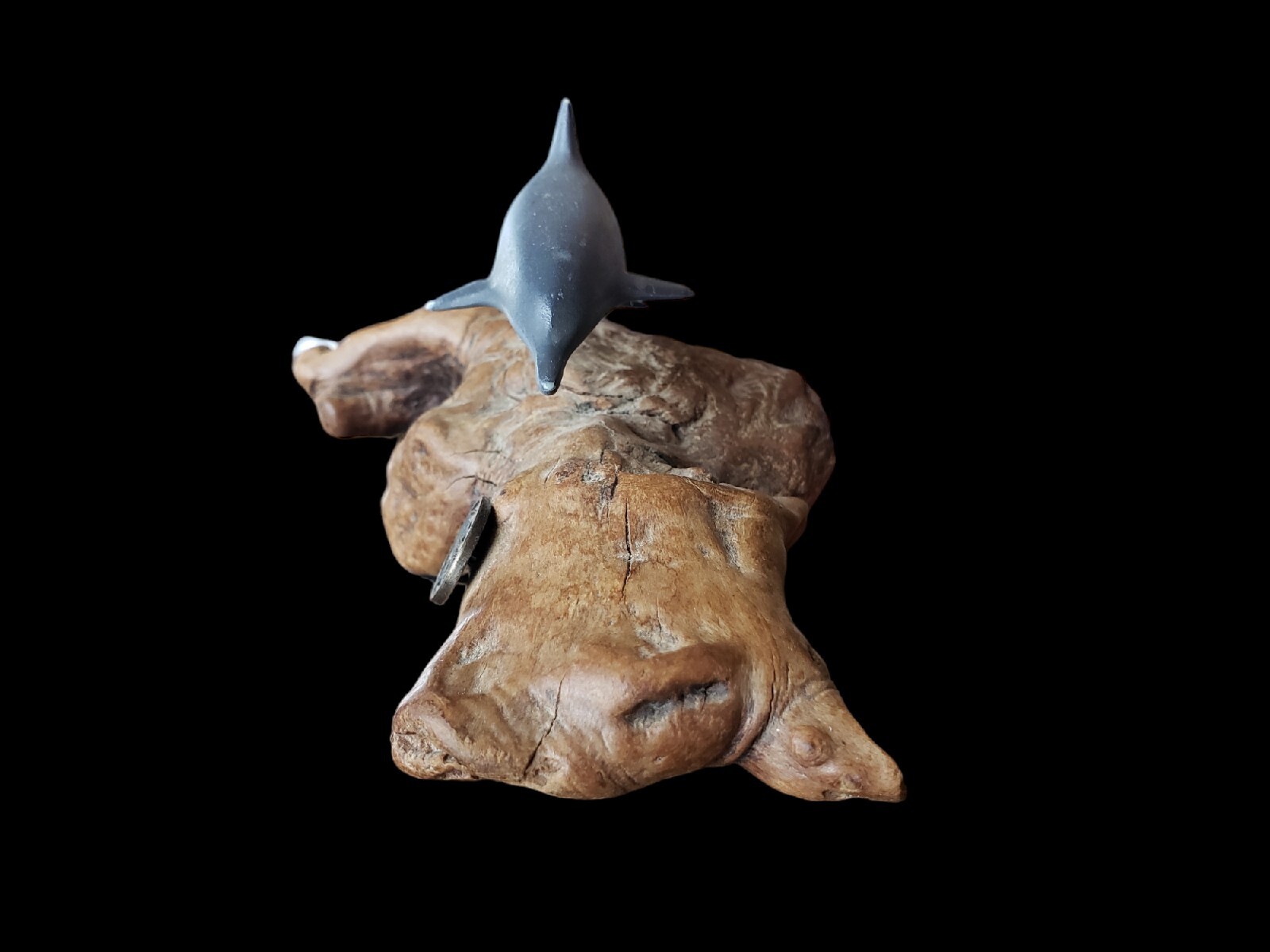 John Perry Figurine Gray Dolphin on Burl Wood Base Art Piece Sculpture