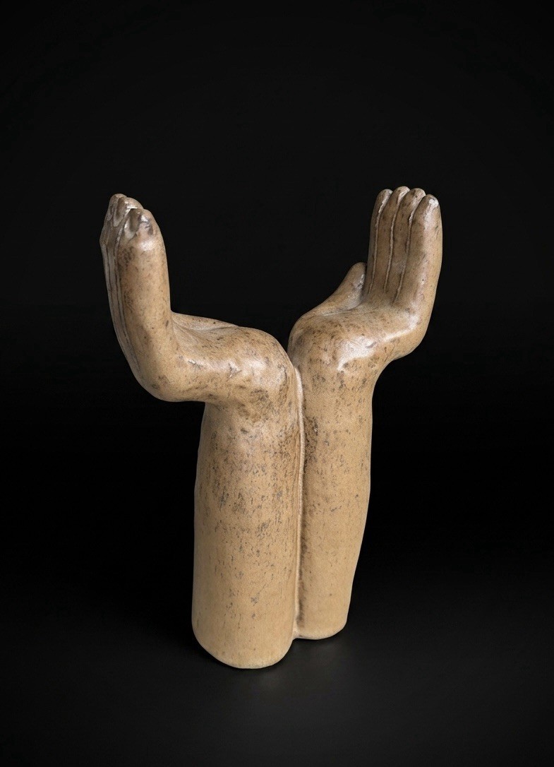 Vintage Mid Century MCM ceramic Hands Sculpture Folk Art Brown Glaze