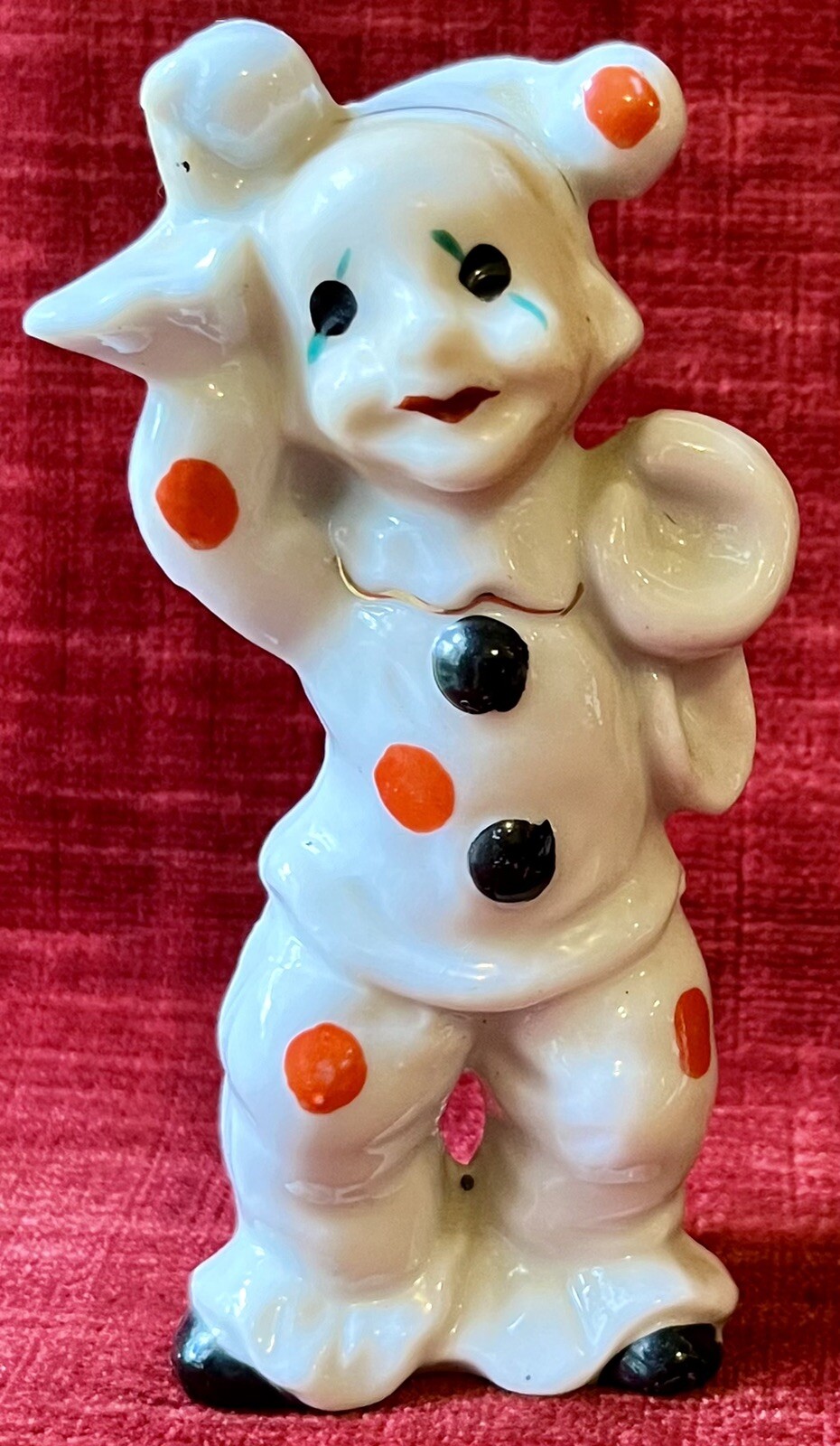 Vintage Clown Figurine White Porcelain Japan Orange Black Polka Dot Melancholy