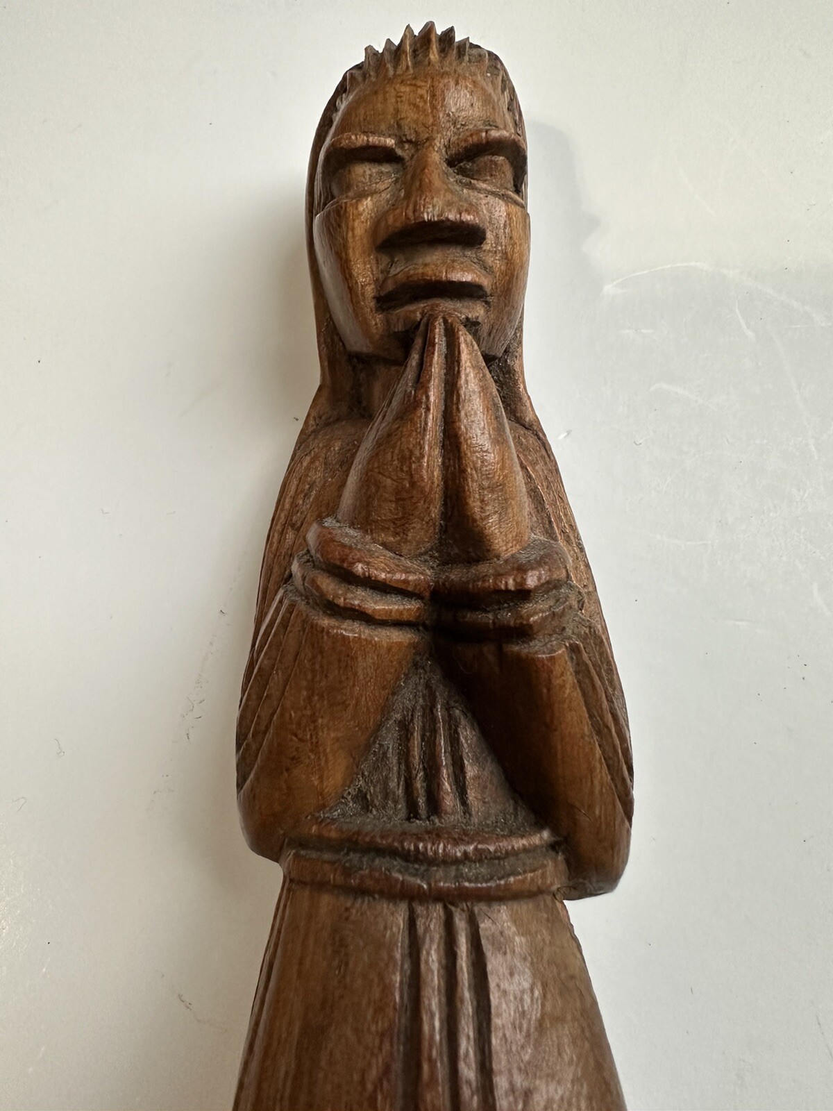 Religious Statue Hand Carved Signed JA Wood Woman Beautiful Hair Folk Art OOAK