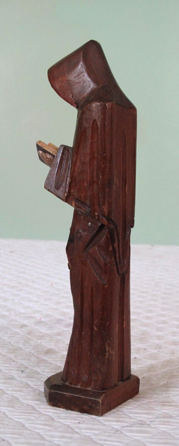 Vintage Folk Art Hand Carved Wooden Priest Hooded Monk Reading Bible/Text 9”