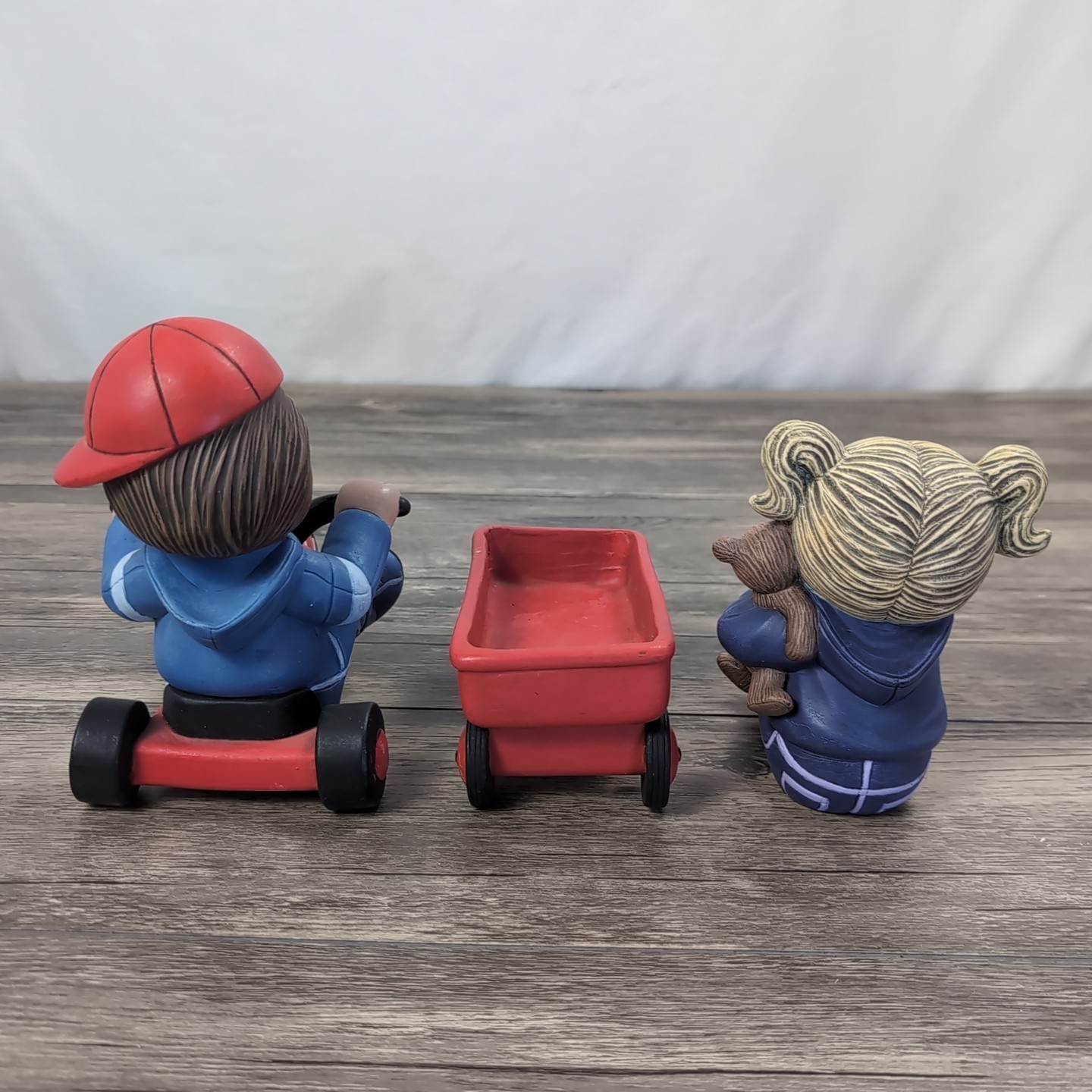 Vintage Ceramic Set Kids At Play Radio Flyer & Big Wheeler Red Hand Painted