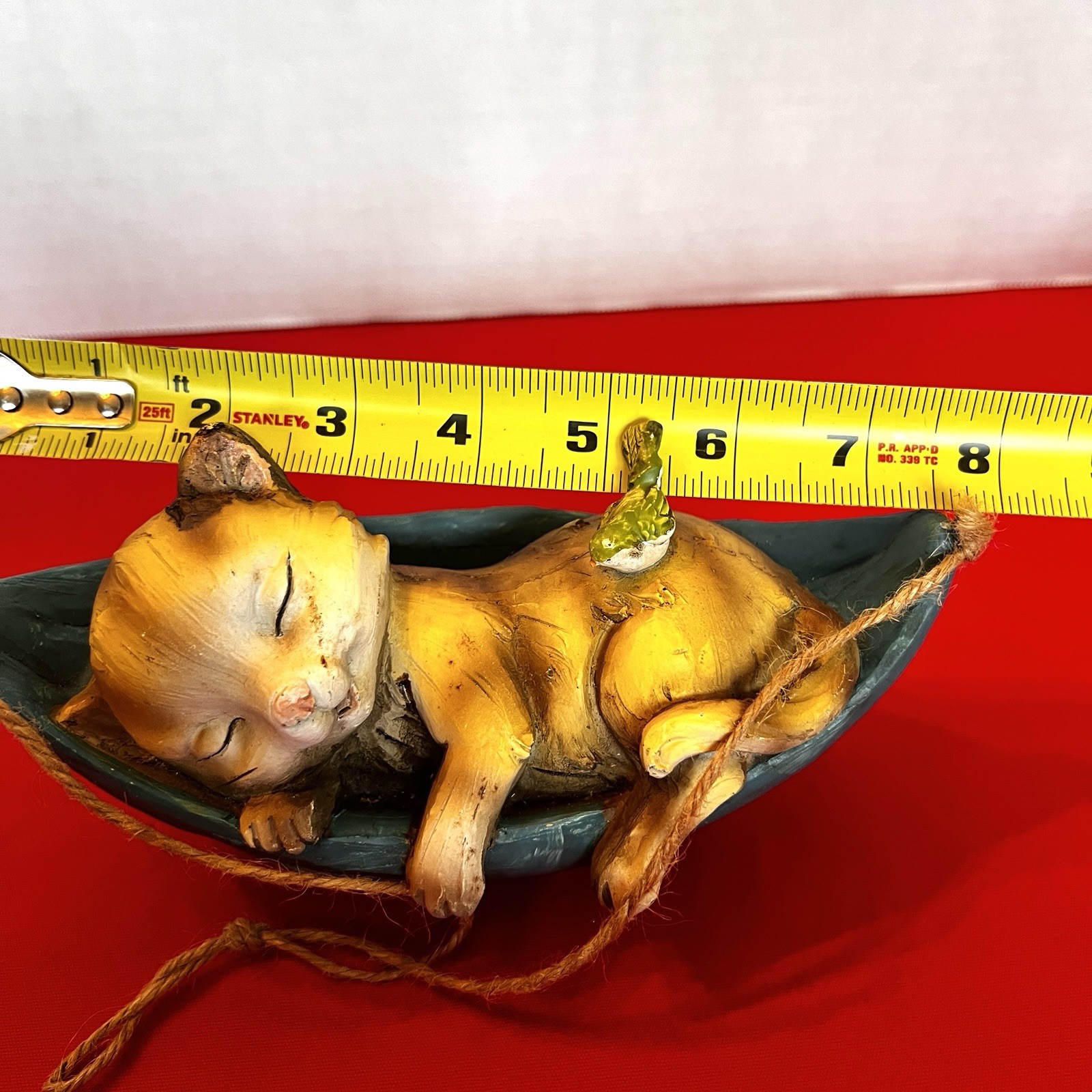 Sleeping Kitten Cat In Leaf Hammock Hanging Figurine 8” With Bird