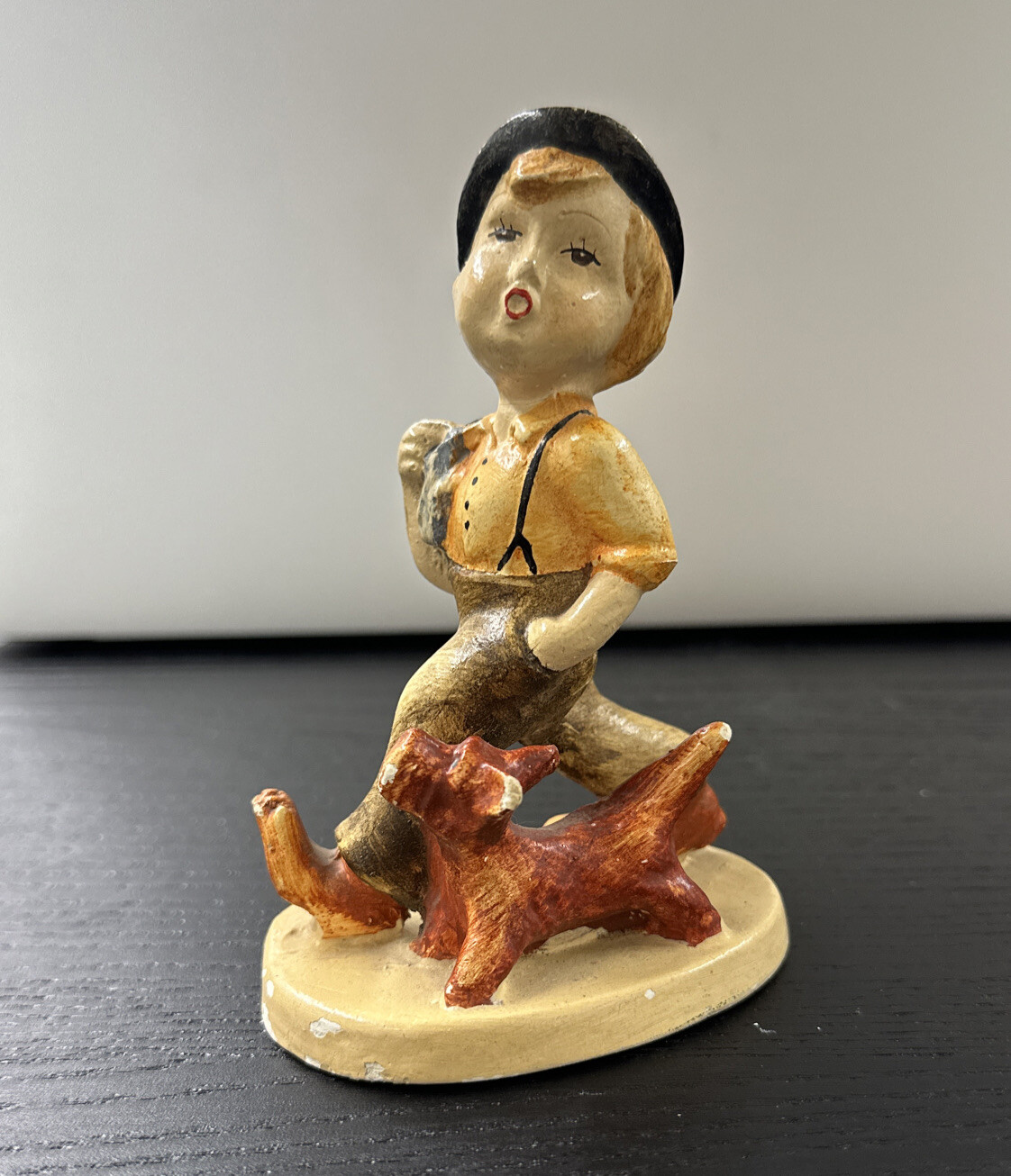 Vintage Plaster or Chalkware 5.5” Figurine Of Boy With Dog