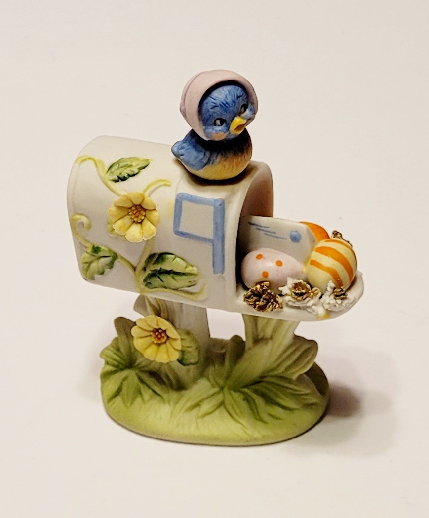 Vintage Enesco Easter Egg Mailbox Blue Bird Figure Figurine Hand Painted Floral