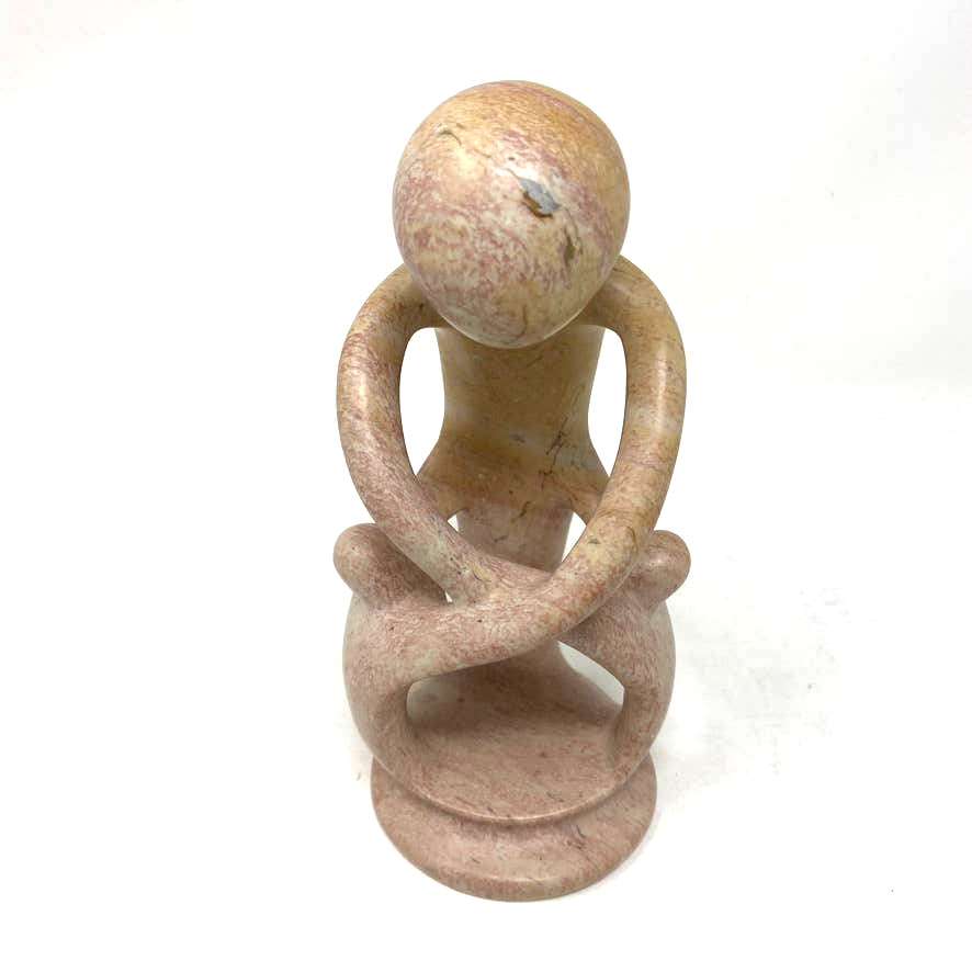 Carved Beige Soapstone Family Figurine Sculpture One Adult Two Children